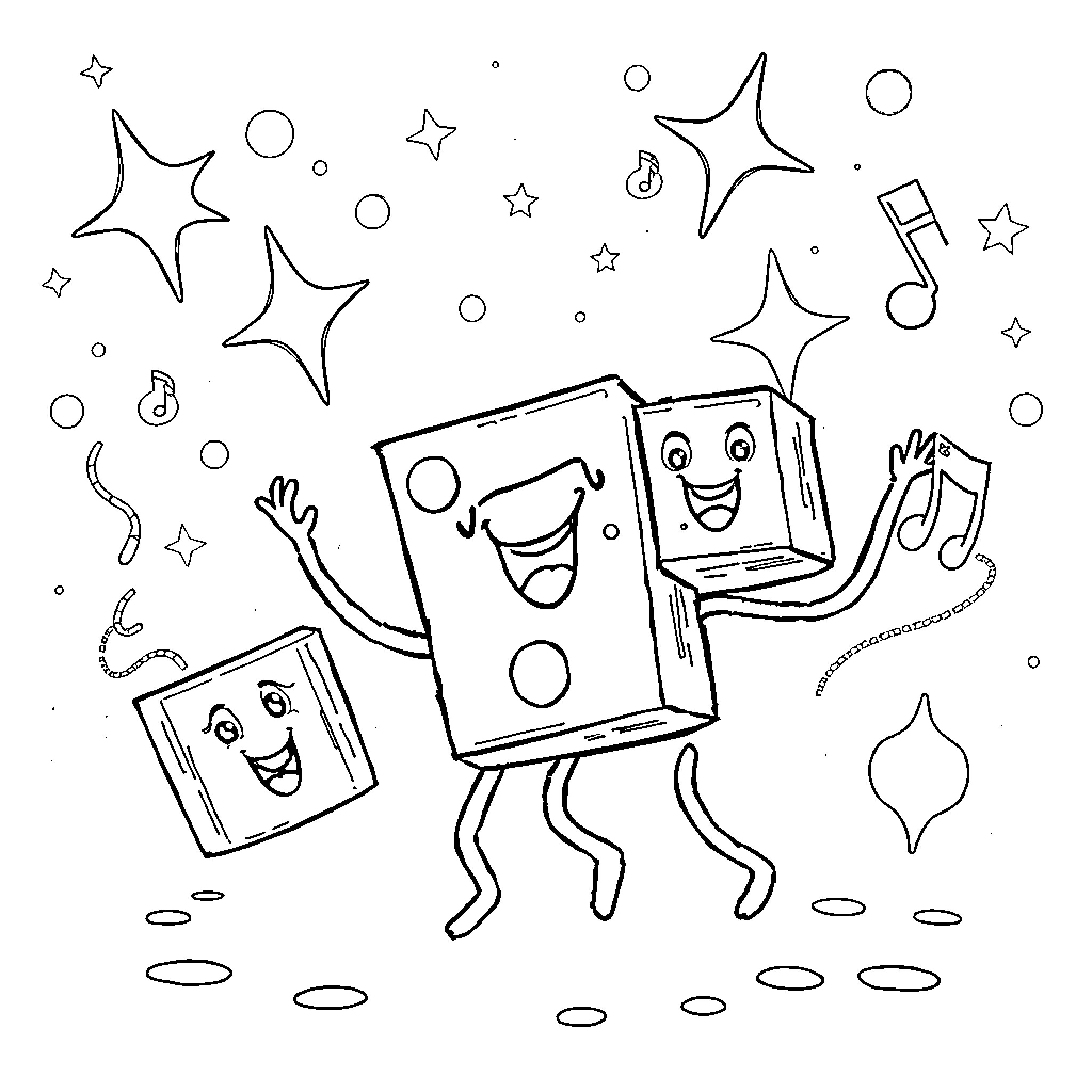 Number Blocks Happily Dancing Amongst the Stars Coloring Page (free black-and-white line drawing printable PDF for all, from beginners to advanced learners, including children, teens, adults, and seniors)