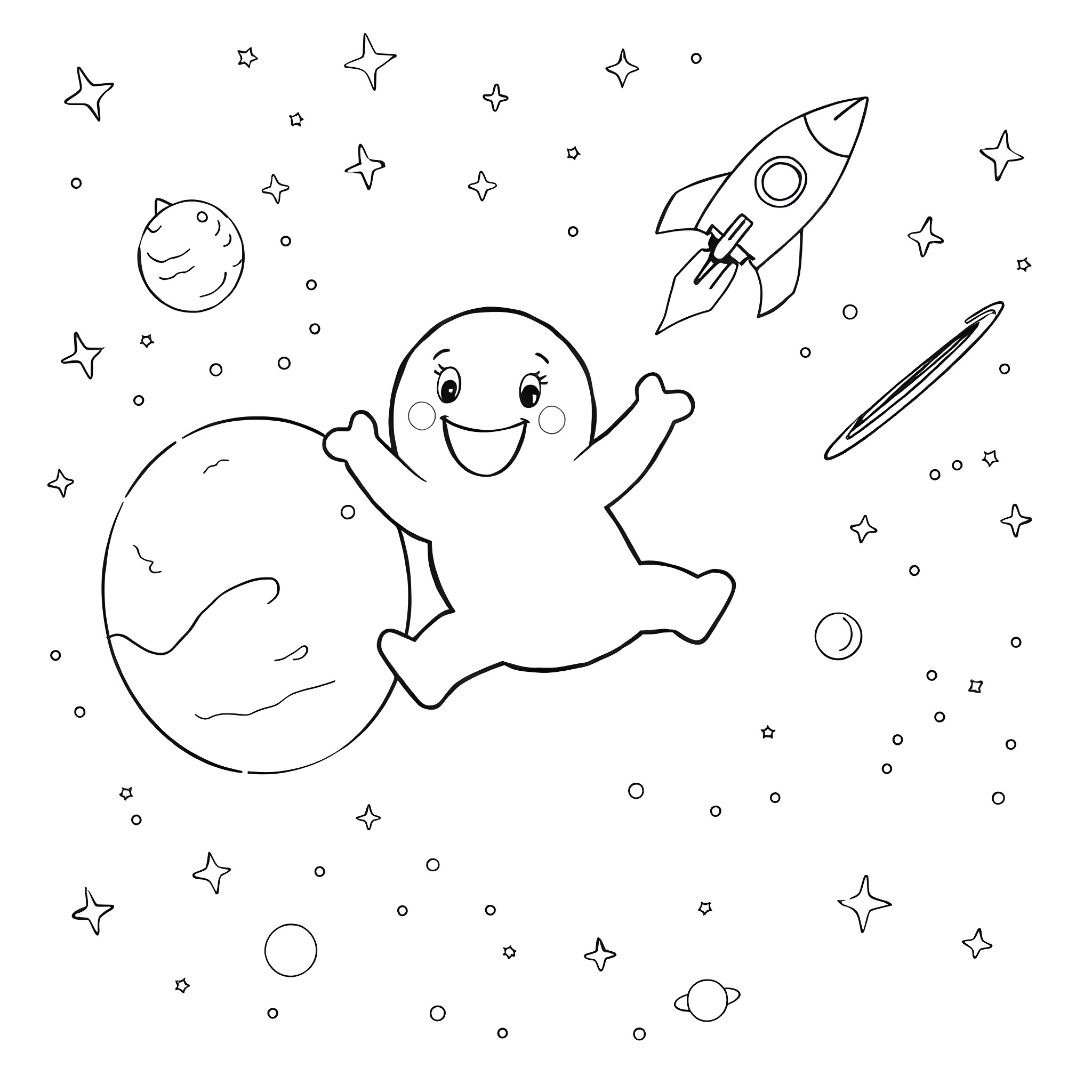 Bluey's Cosmic Adventure Coloring Page (free black-and-white line drawing printable PDF for all, from beginners to advanced learners, including children, teens, adults, and seniors)