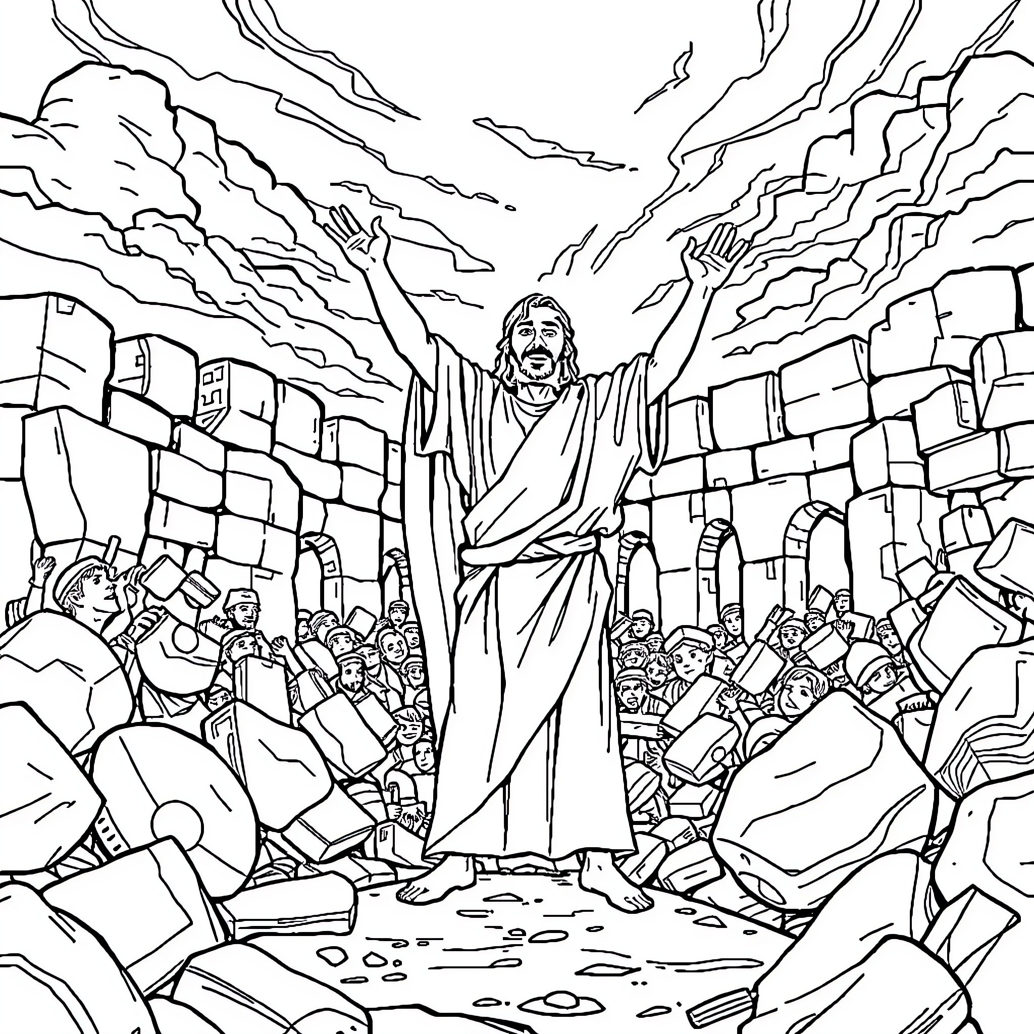 Joshua teaching in the Temple Coloring Page (free black-and-white line drawing printable PDF for all, from beginners to advanced learners, including children, teens, adults, and seniors)