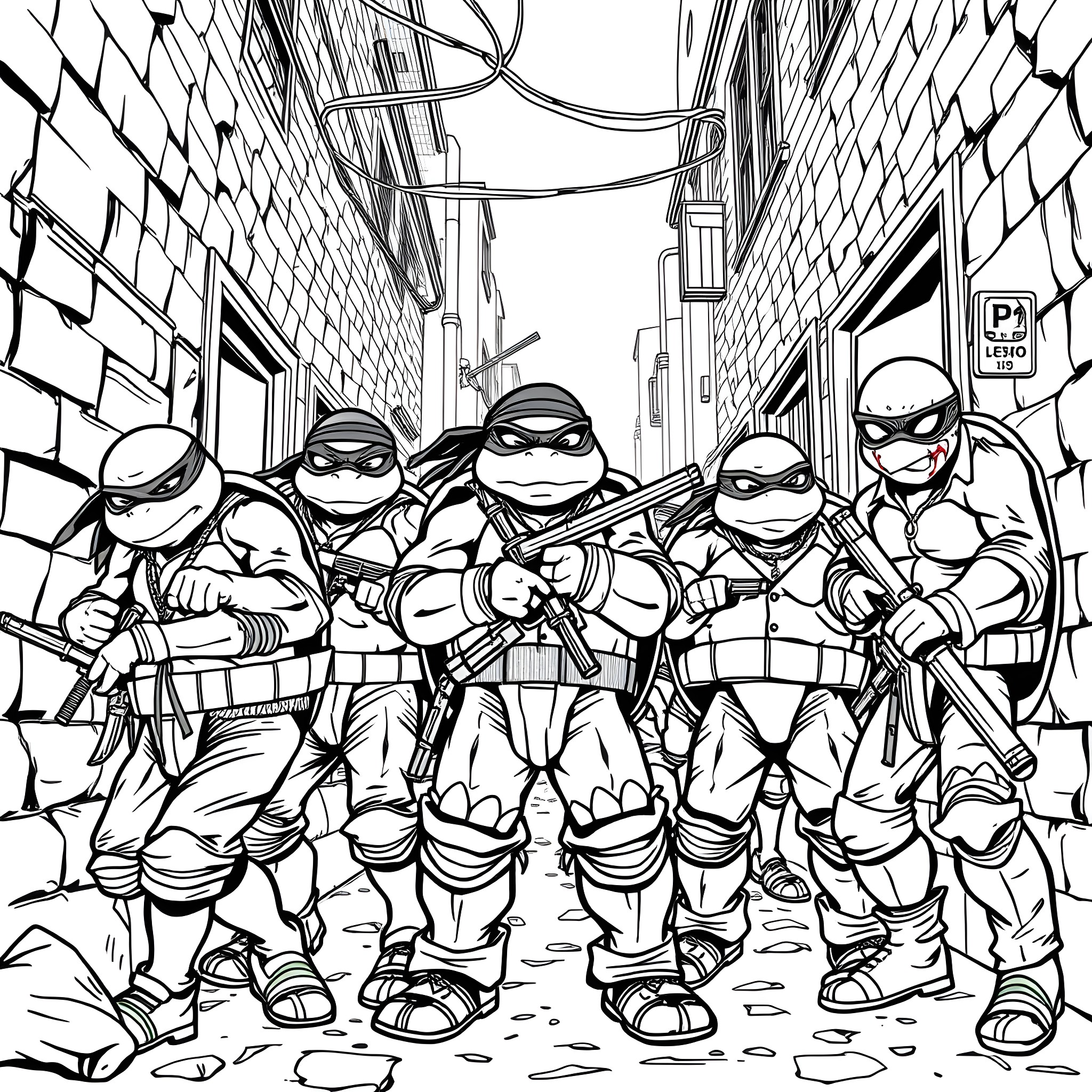 Turtle Ninjas Marching Through the Alley Coloring Page (free black-and-white line drawing printable PDF for all, from beginners to advanced learners, including children, teens, adults, and seniors)