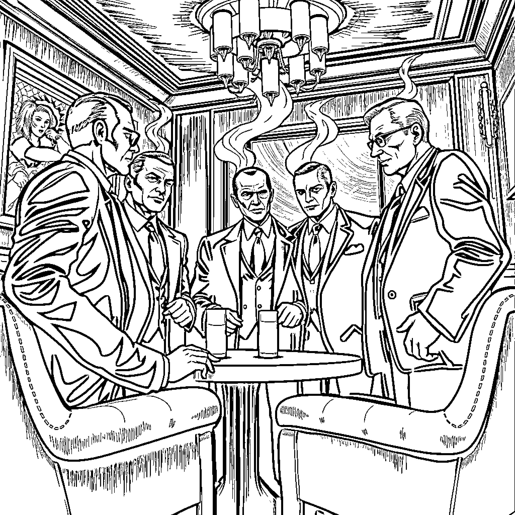 Mafia Mobsters Gather for Tense Meeting in Lavish Setting Coloring Page (free black-and-white line drawing printable PDF for all, from beginners to advanced learners, including children, teens, adults, and seniors)