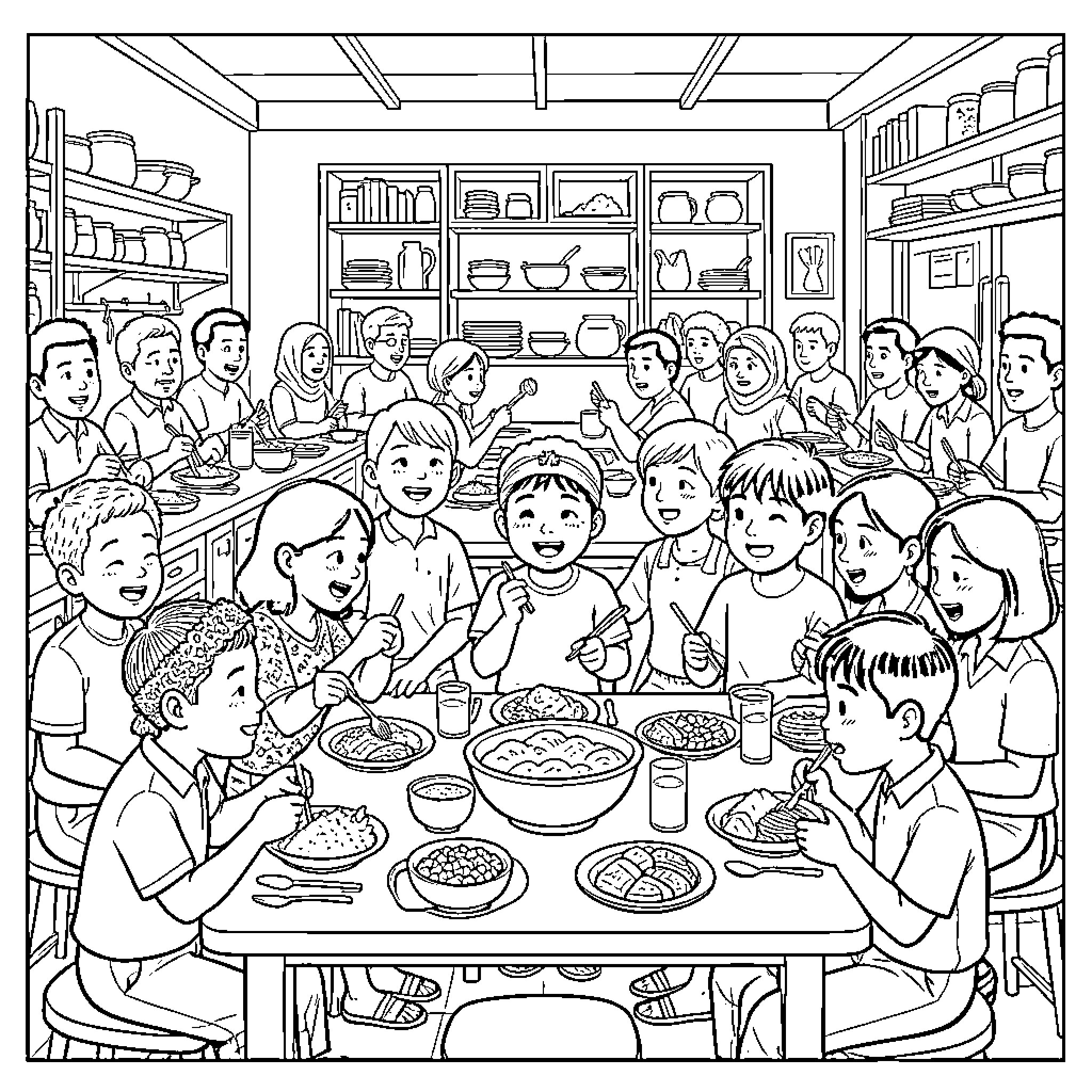 Tun Tun and friends enjoying a meal together Coloring Page (free black-and-white line drawing printable PDF for all, from beginners to advanced learners, including children, teens, adults, and seniors)