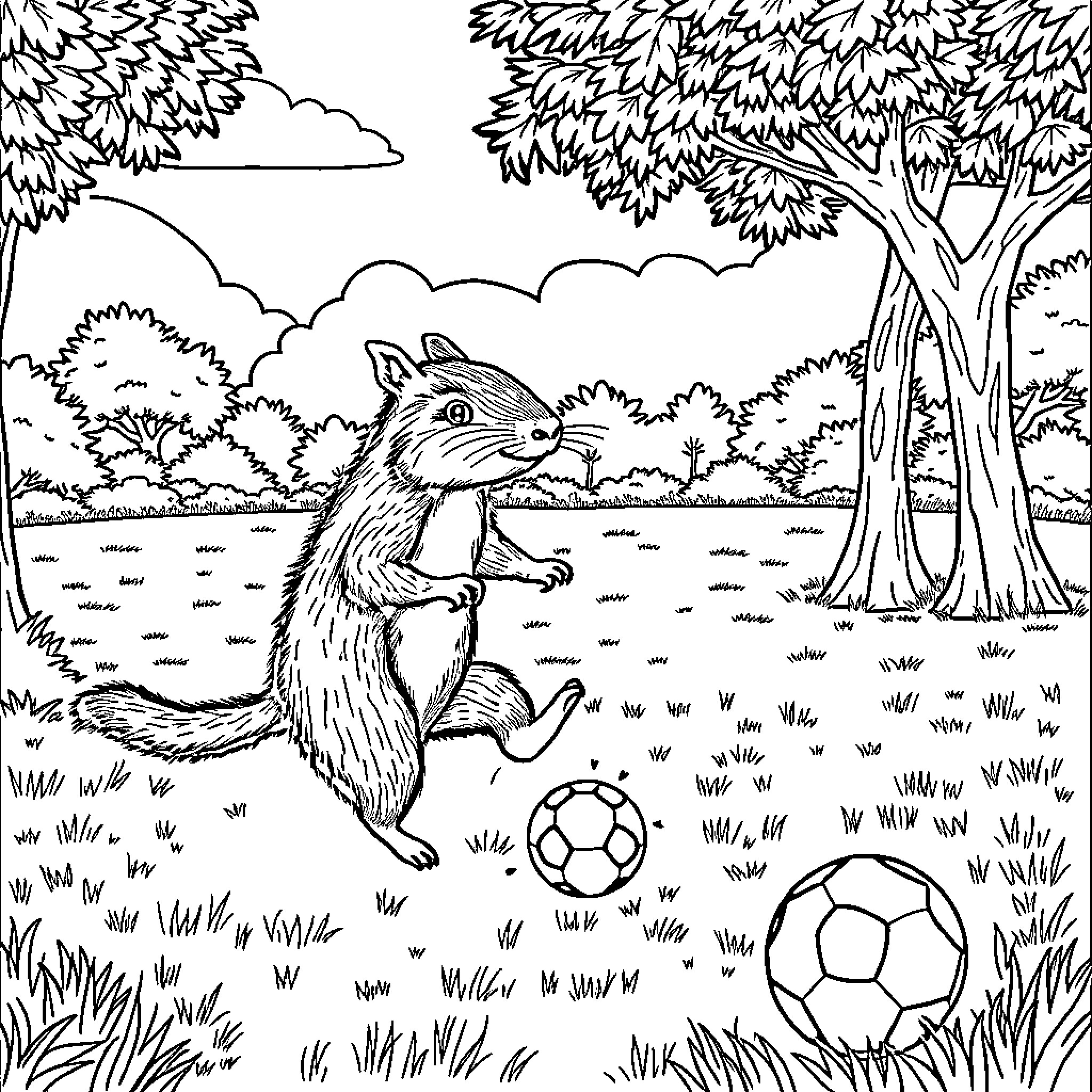 Capybara playing with soccer balls in a forest Coloring Page (free black-and-white line drawing printable PDF for all, from beginners to advanced learners, including children, teens, adults, and seniors)