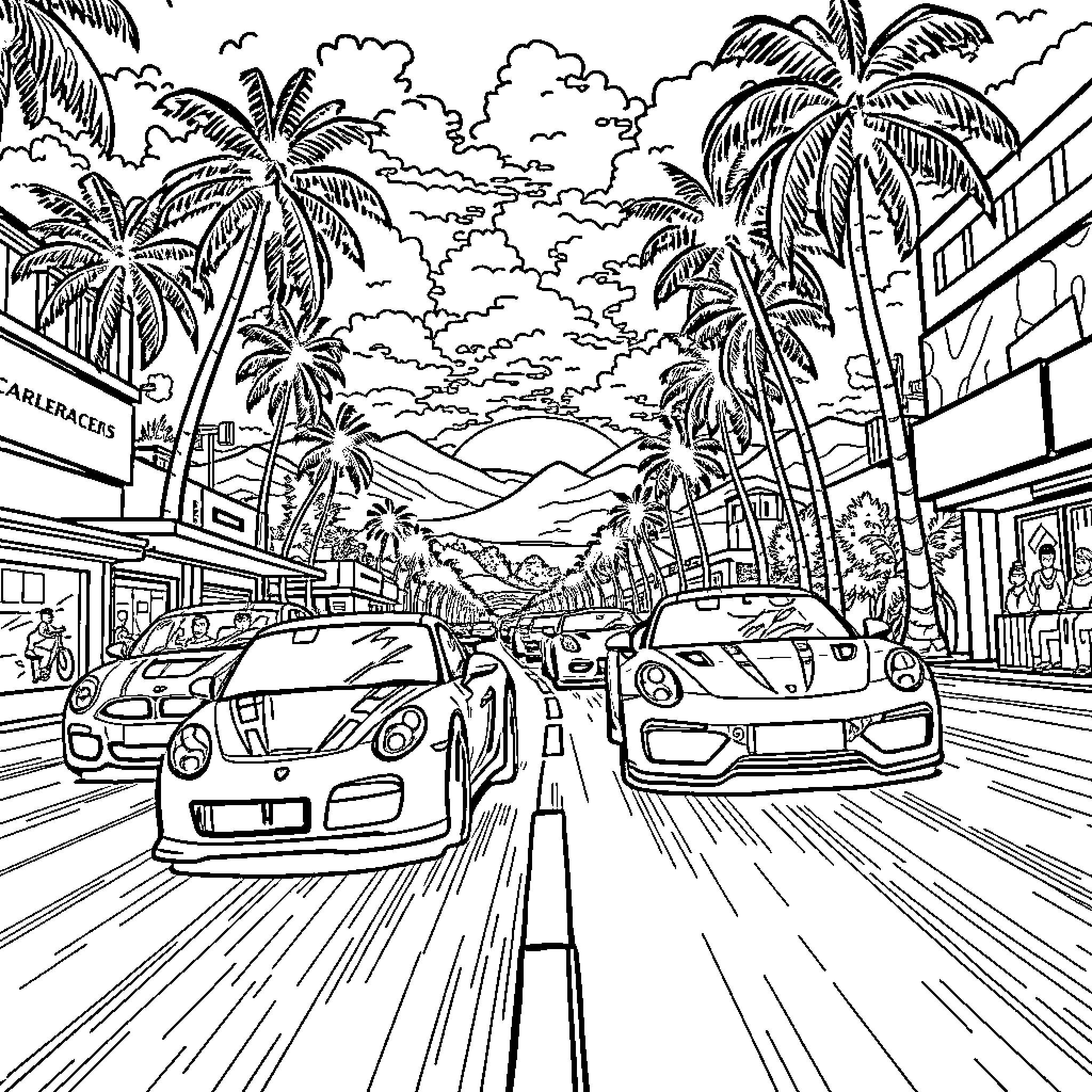Acceleracer: Thrilling Cityscape with Speeding Vehicles Coloring Page (free black-and-white line drawing printable PDF for all, from beginners to advanced learners, including children, teens, adults, and seniors)
