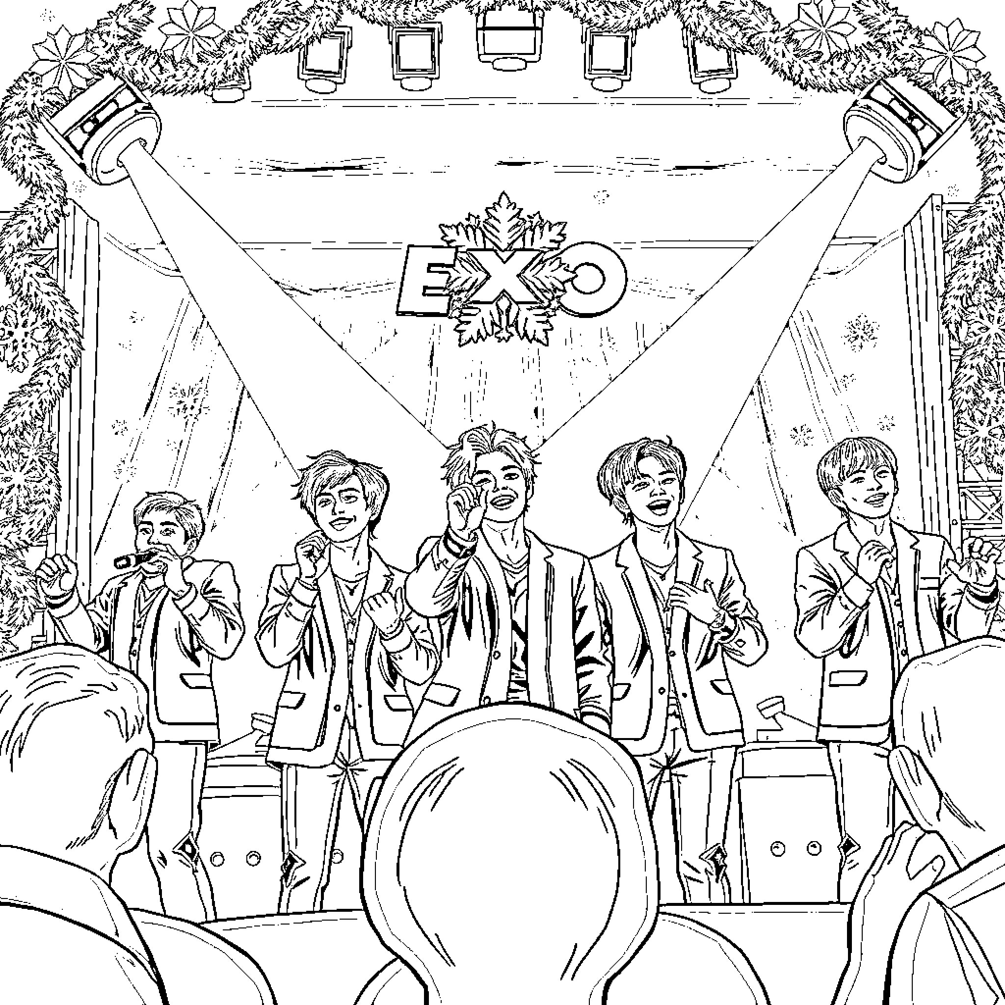Kpop stars performing on stage with floral decorations Coloring Page (free black-and-white line drawing printable PDF for all, from beginners to advanced learners, including children, teens, adults, and seniors)