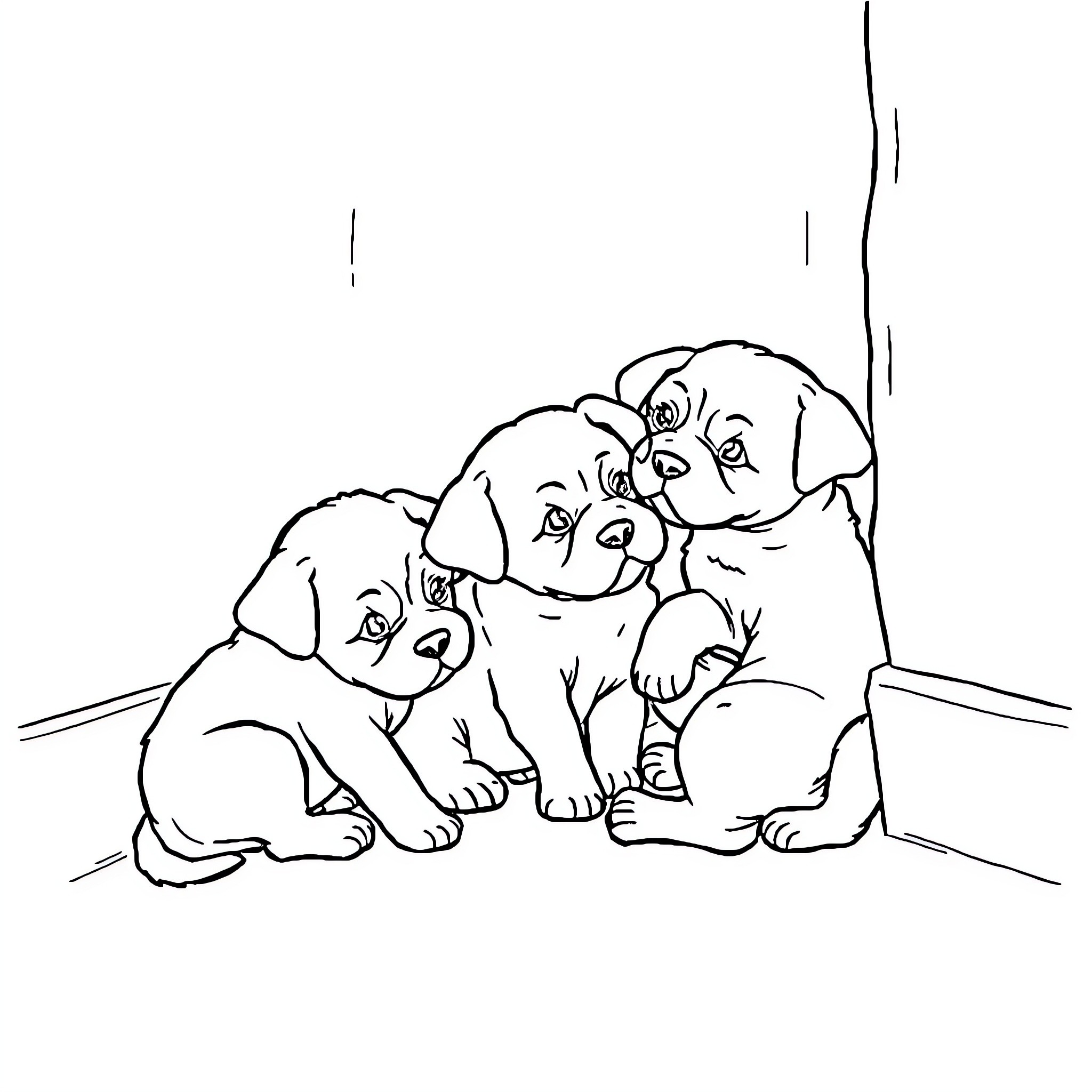 Puppy friends playing together happily Coloring Page (free black-and-white line drawing printable PDF for all, from beginners to advanced learners, including children, teens, adults, and seniors)