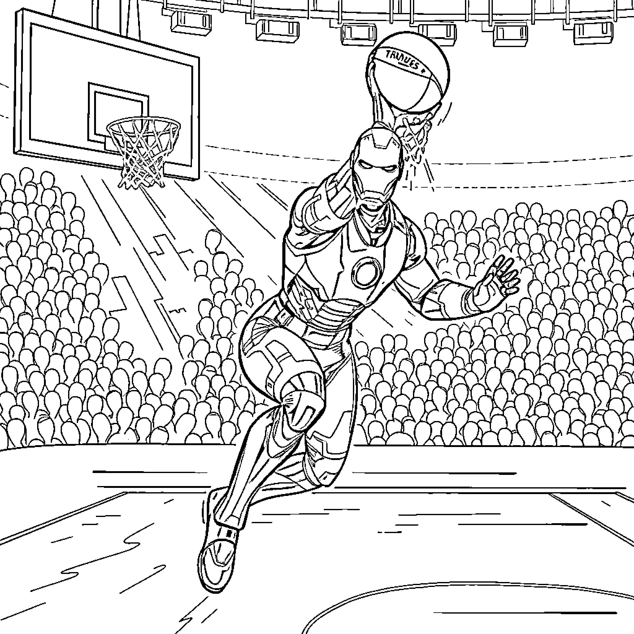 Ironman playing basketball in a stadium Coloring Page (free black-and-white line drawing printable PDF for all, from beginners to advanced learners, including children, teens, adults, and seniors)