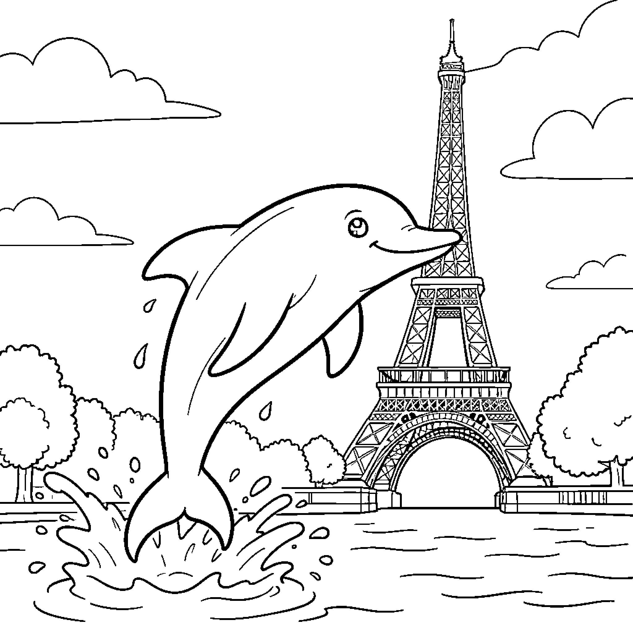 Dolphin jumping joyfully in front of the Eiffel Tower Coloring Page (free black-and-white line drawing printable PDF for all, from beginners to advanced learners, including children, teens, adults, and seniors)