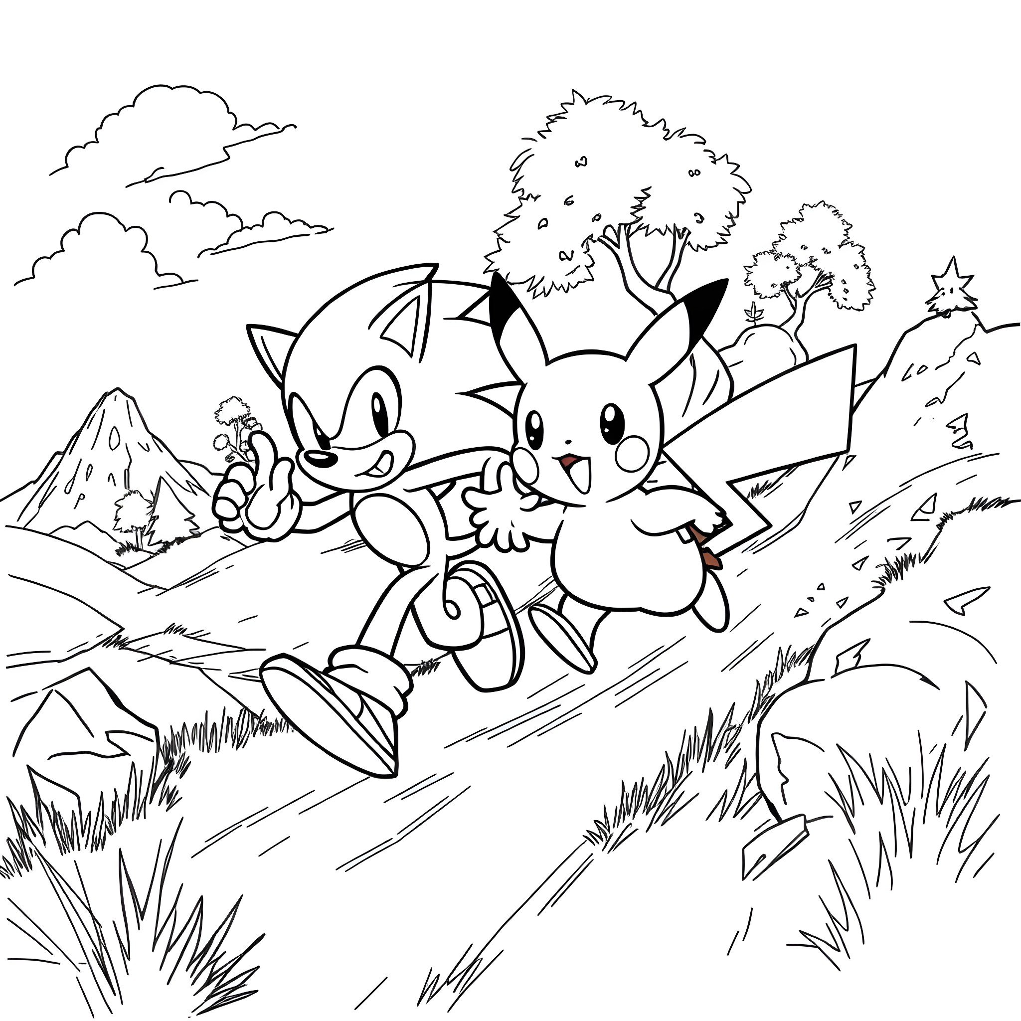 Sonic and Pikachu exploring the scenic outdoors Coloring Page (free black-and-white line drawing printable PDF for all, from beginners to advanced learners, including children, teens, adults, and seniors)