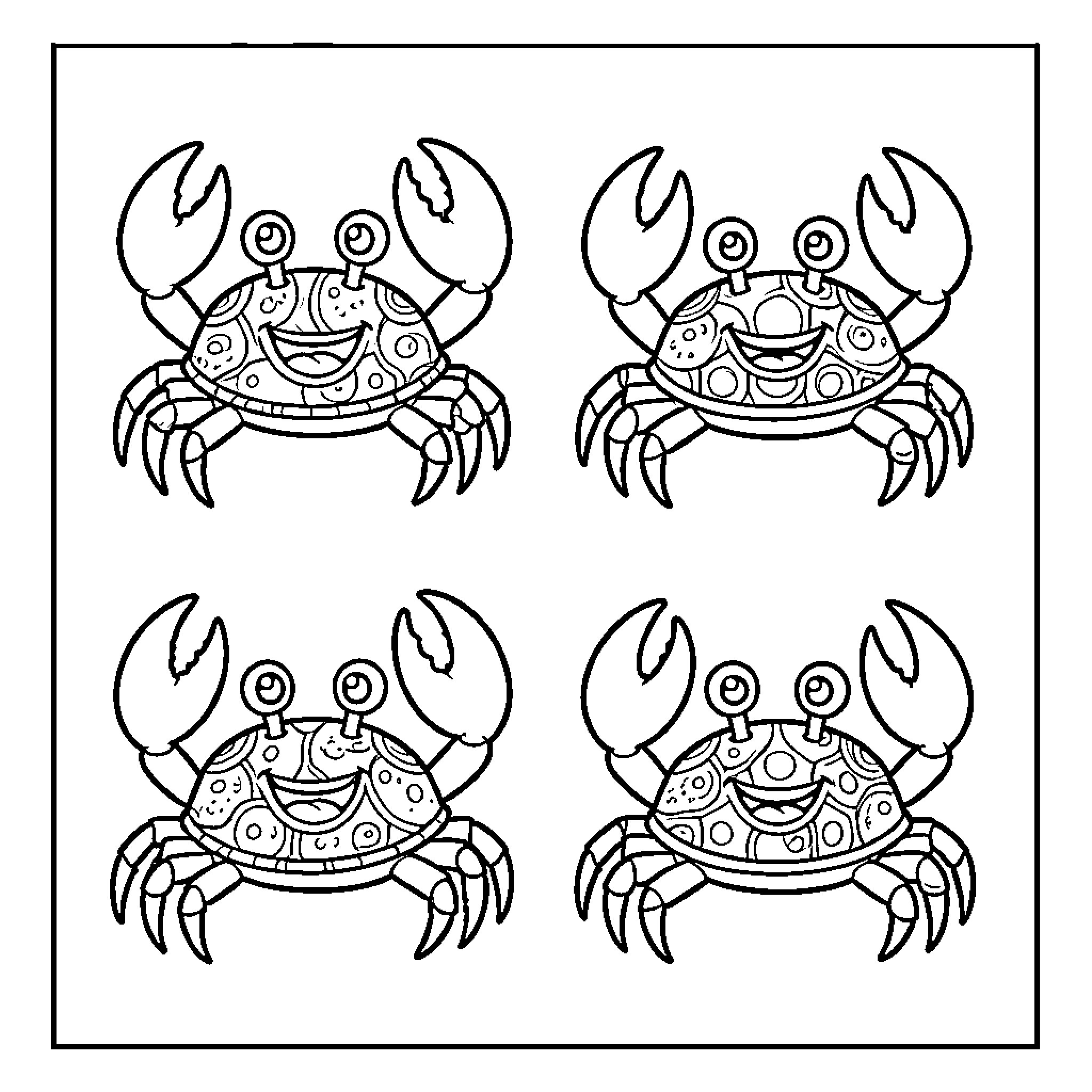 Crab friends posing in different expressions Coloring Page (free black-and-white line drawing printable PDF for all, from beginners to advanced learners, including children, teens, adults, and seniors)