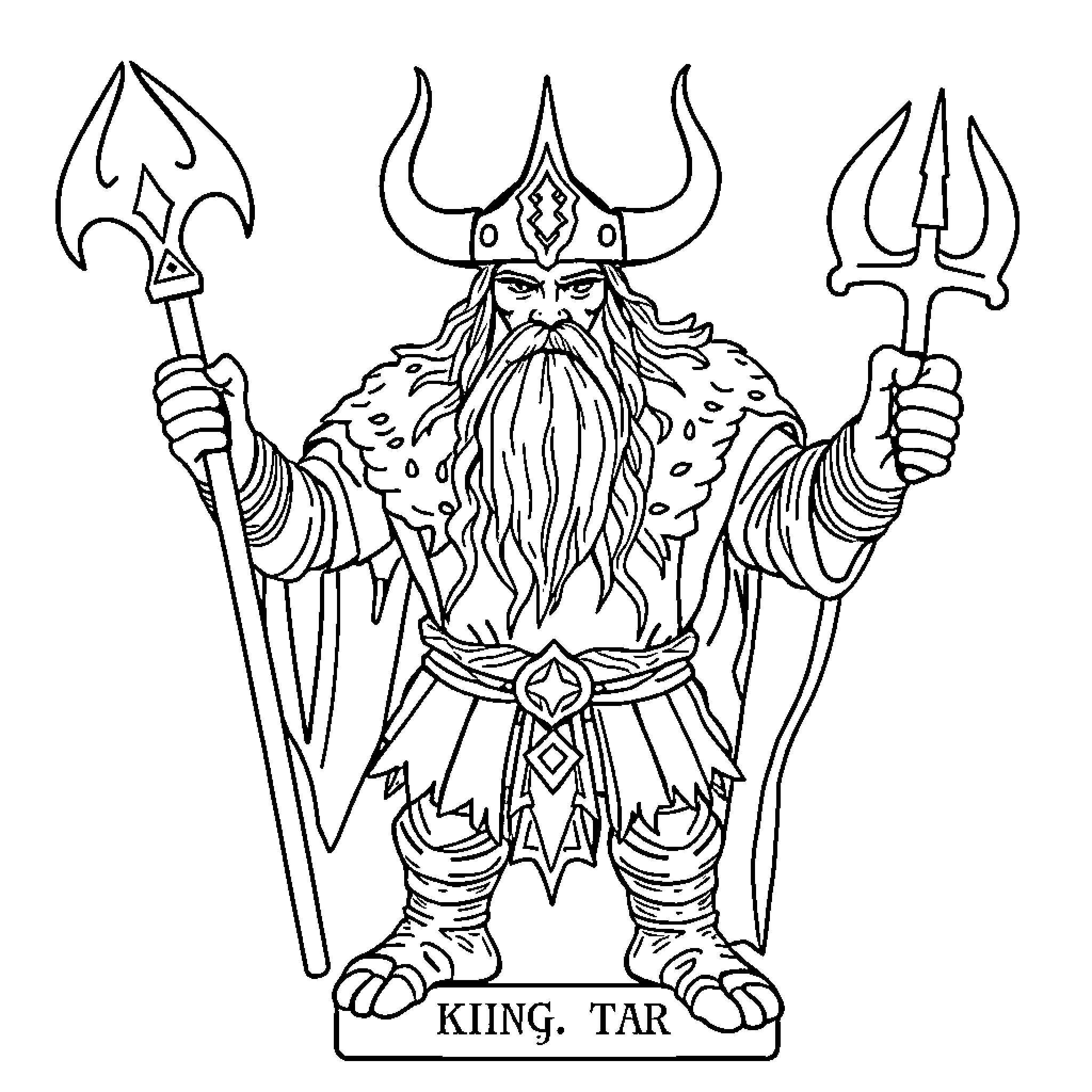 Viking warrior wielding trident and staff Coloring Page (free black-and-white line drawing printable PDF for all, from beginners to advanced learners, including children, teens, adults, and seniors)