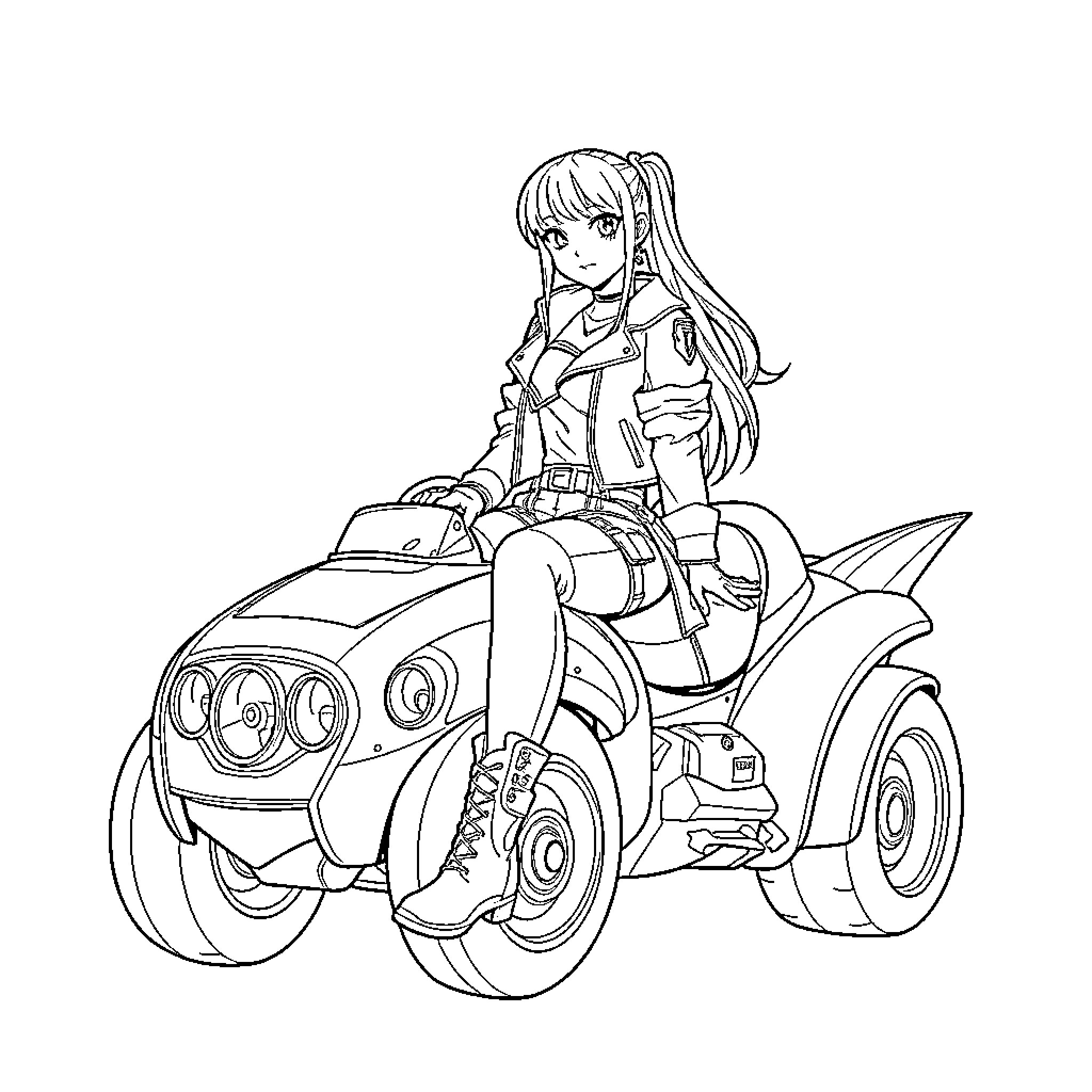 Mira's Futuristic Ride Adventure Coloring Page (free black-and-white line drawing printable PDF for all, from beginners to advanced learners, including children, teens, adults, and seniors)