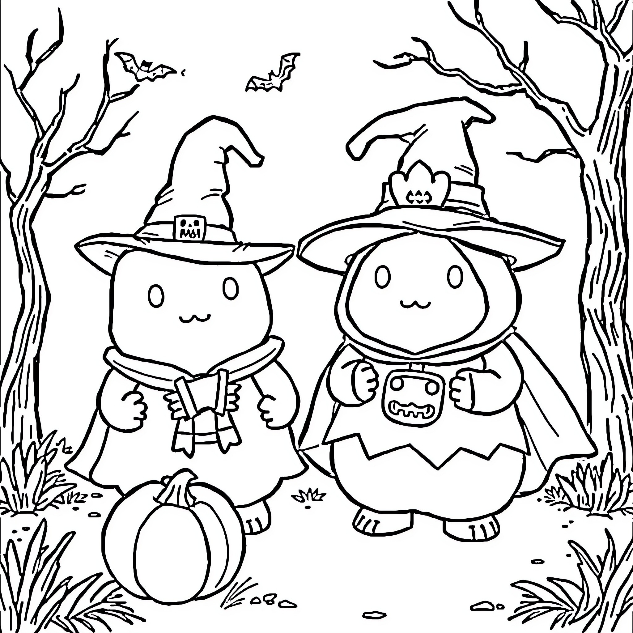 Squishmallows in Halloween Costumes Exploring the Haunted Forest Coloring Page (free black-and-white line drawing printable PDF for all, from beginners to advanced learners, including children, teens, adults, and seniors)