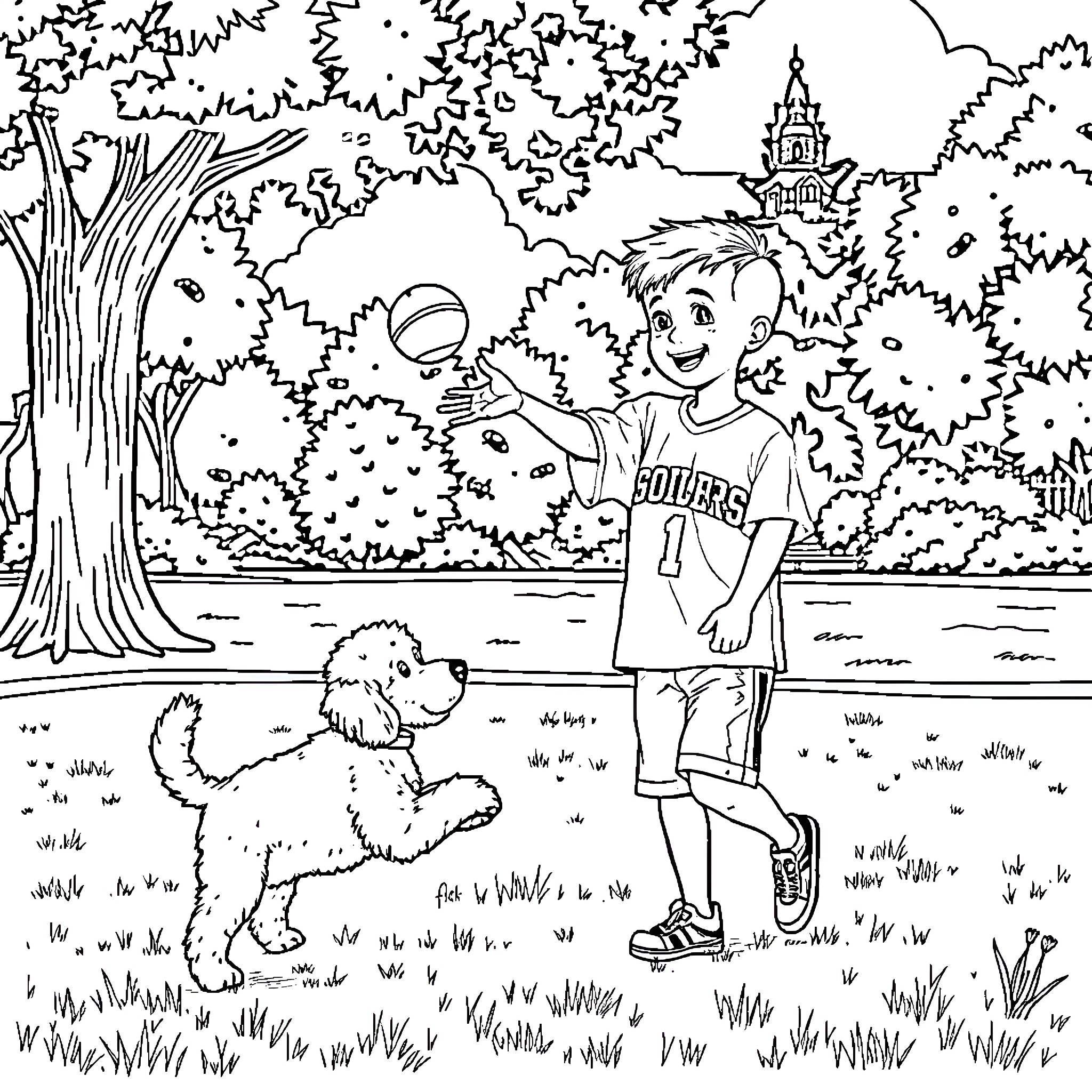 Boy playing with dog in the park Coloring Page (free black-and-white line drawing printable PDF for all, from beginners to advanced learners, including children, teens, adults, and seniors)