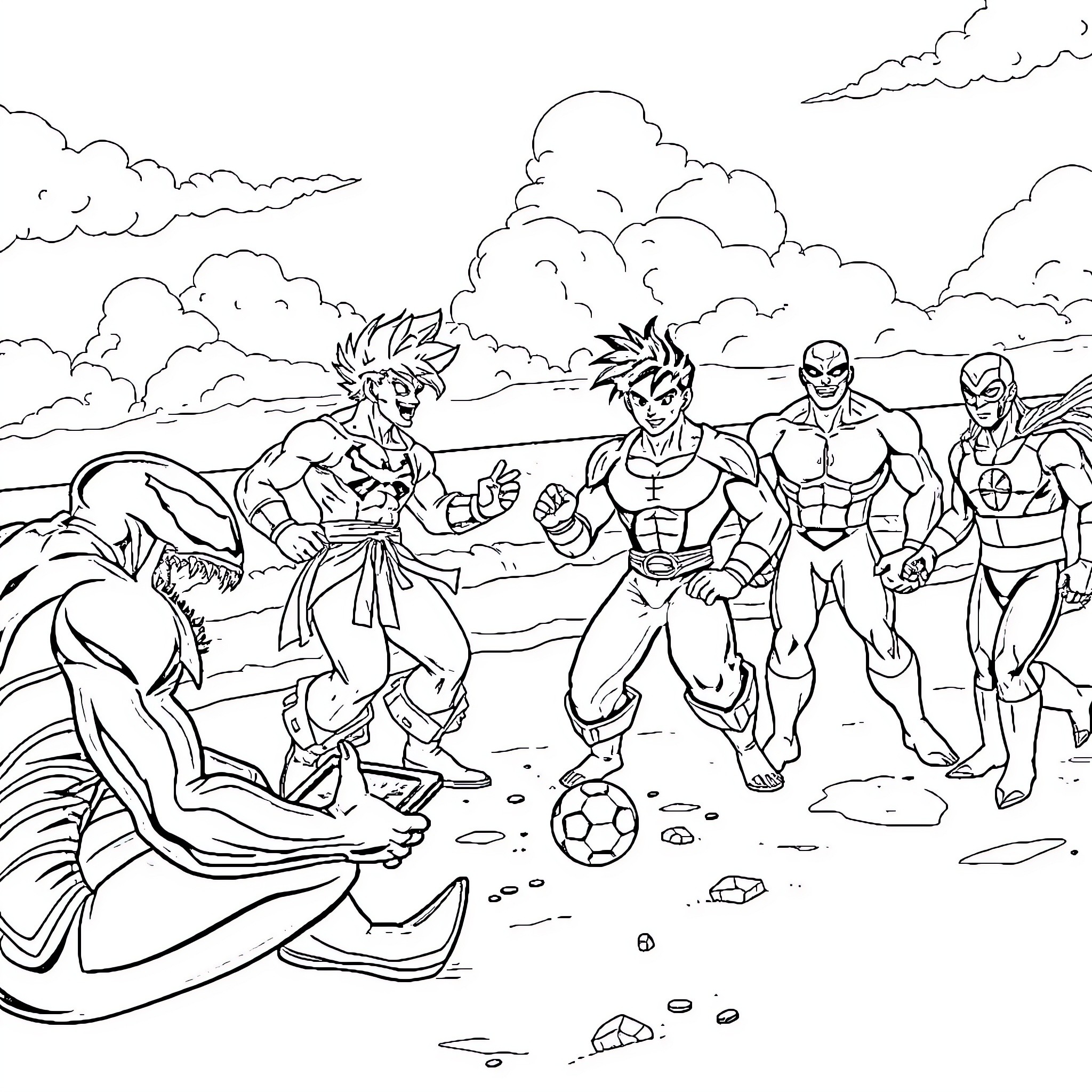 Character Engaging in Martial Arts Battle on Beach Coloring Page (free black-and-white line drawing printable PDF for all, from beginners to advanced learners, including children, teens, adults, and seniors)