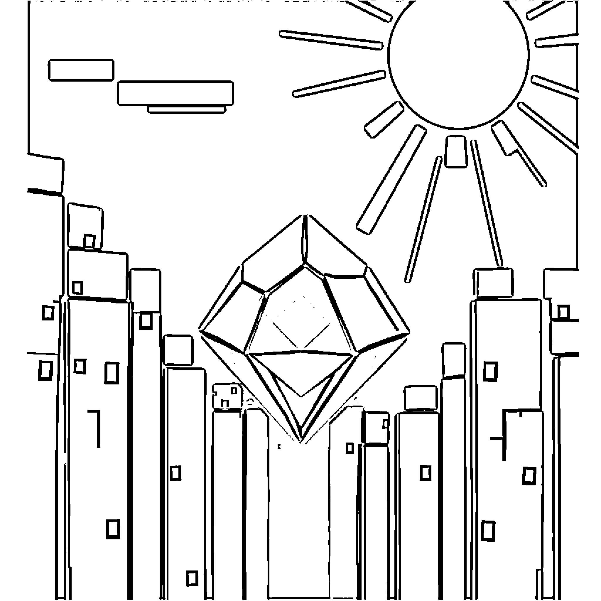 Diamond-shaped crystal amidst cityscape and sun Coloring Page (free black-and-white line drawing printable PDF for all, from beginners to advanced learners, including children, teens, adults, and seniors)