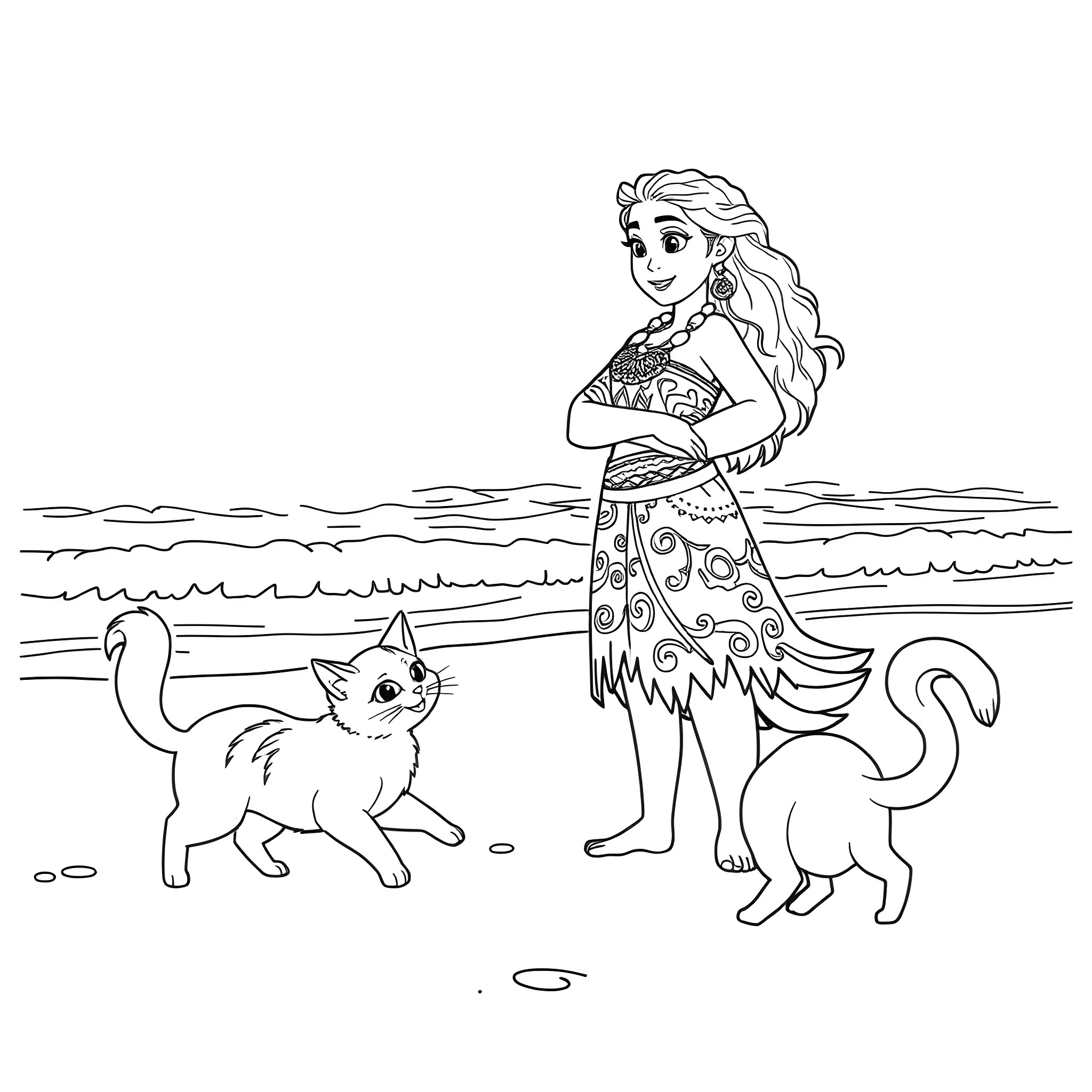 Moana exploring the beach with her cat companions Coloring Page (free black-and-white line drawing printable PDF for all, from beginners to advanced learners, including children, teens, adults, and seniors)