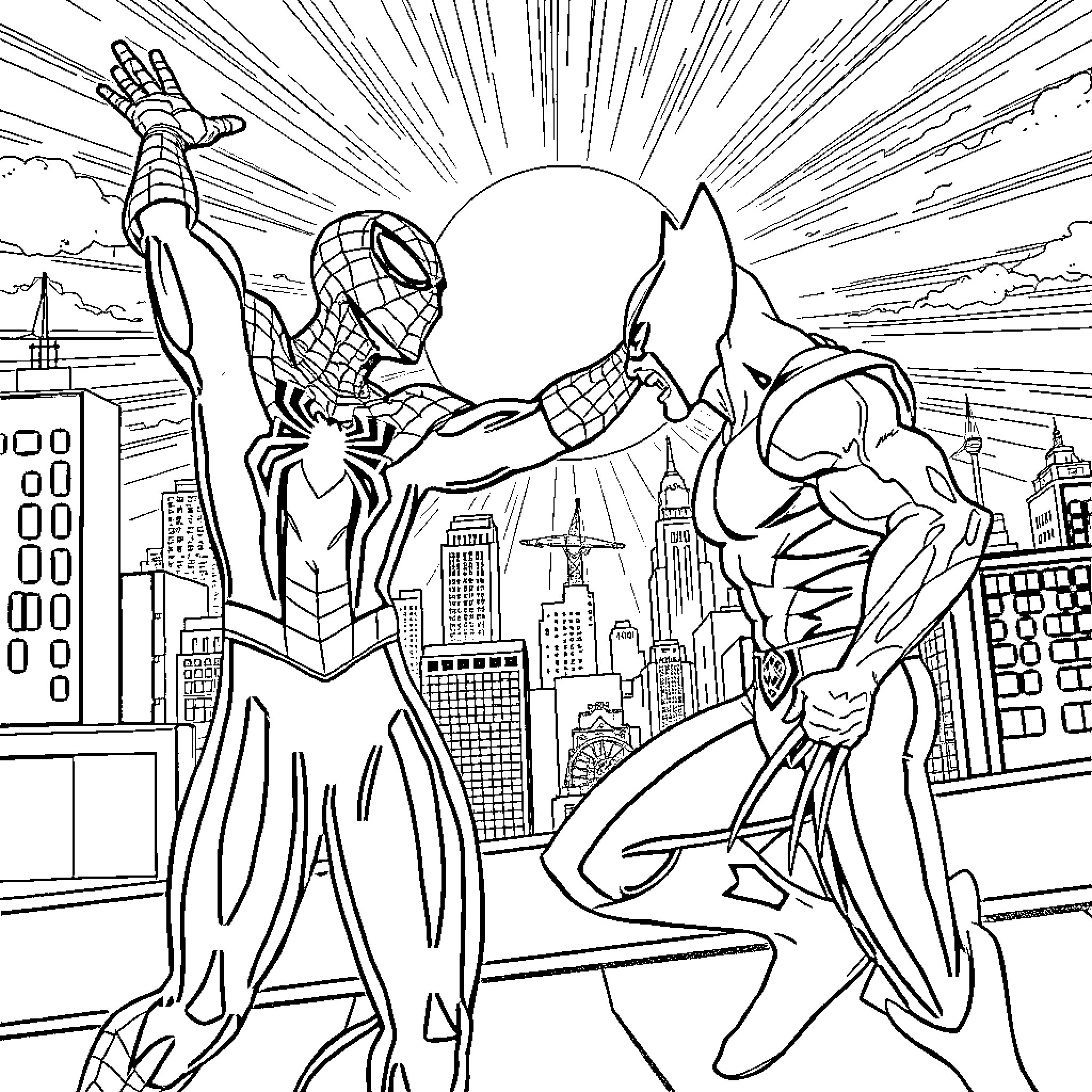 Spider-Man battles a powerful foe in the city Coloring Page (free black-and-white line drawing printable PDF for all, from beginners to advanced learners, including children, teens, adults, and seniors)
