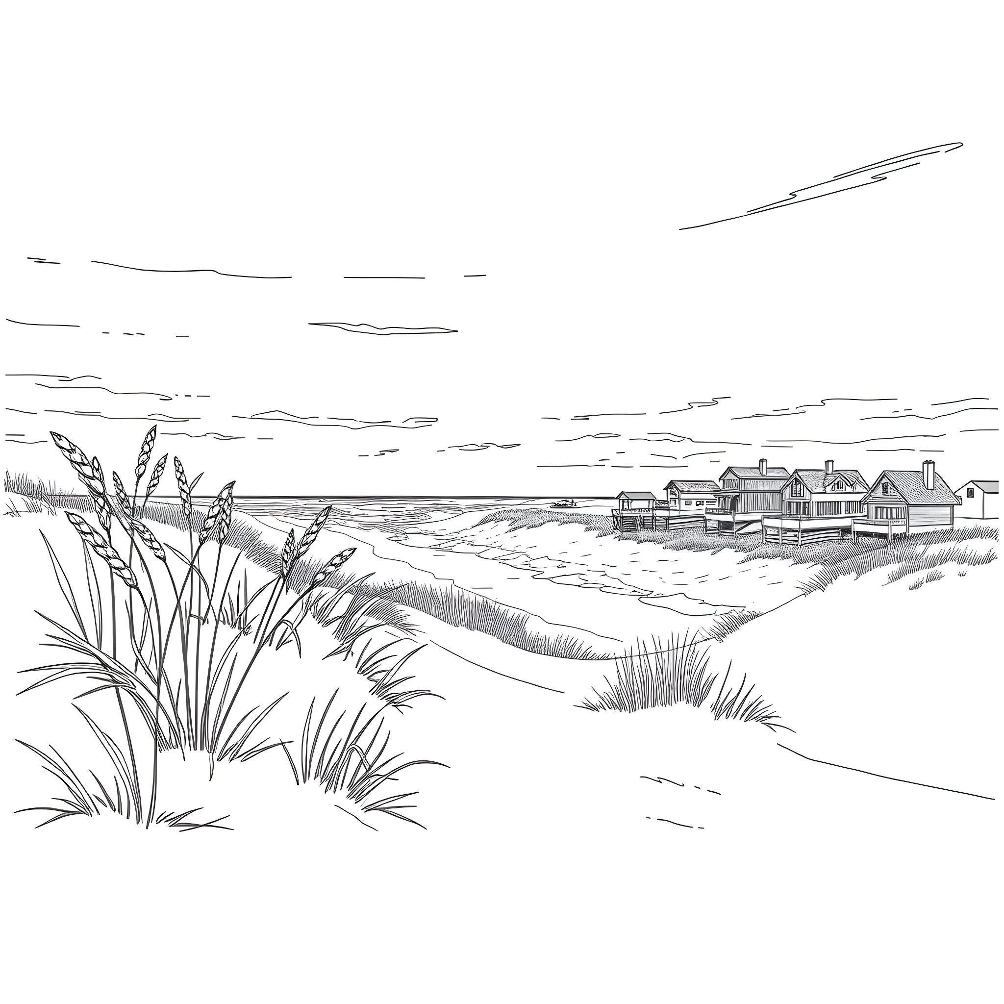 Outer Banks coastal landscape with beach houses Coloring Page (free black-and-white line drawing printable PDF for all, from beginners to advanced learners, including children, teens, adults, and seniors)