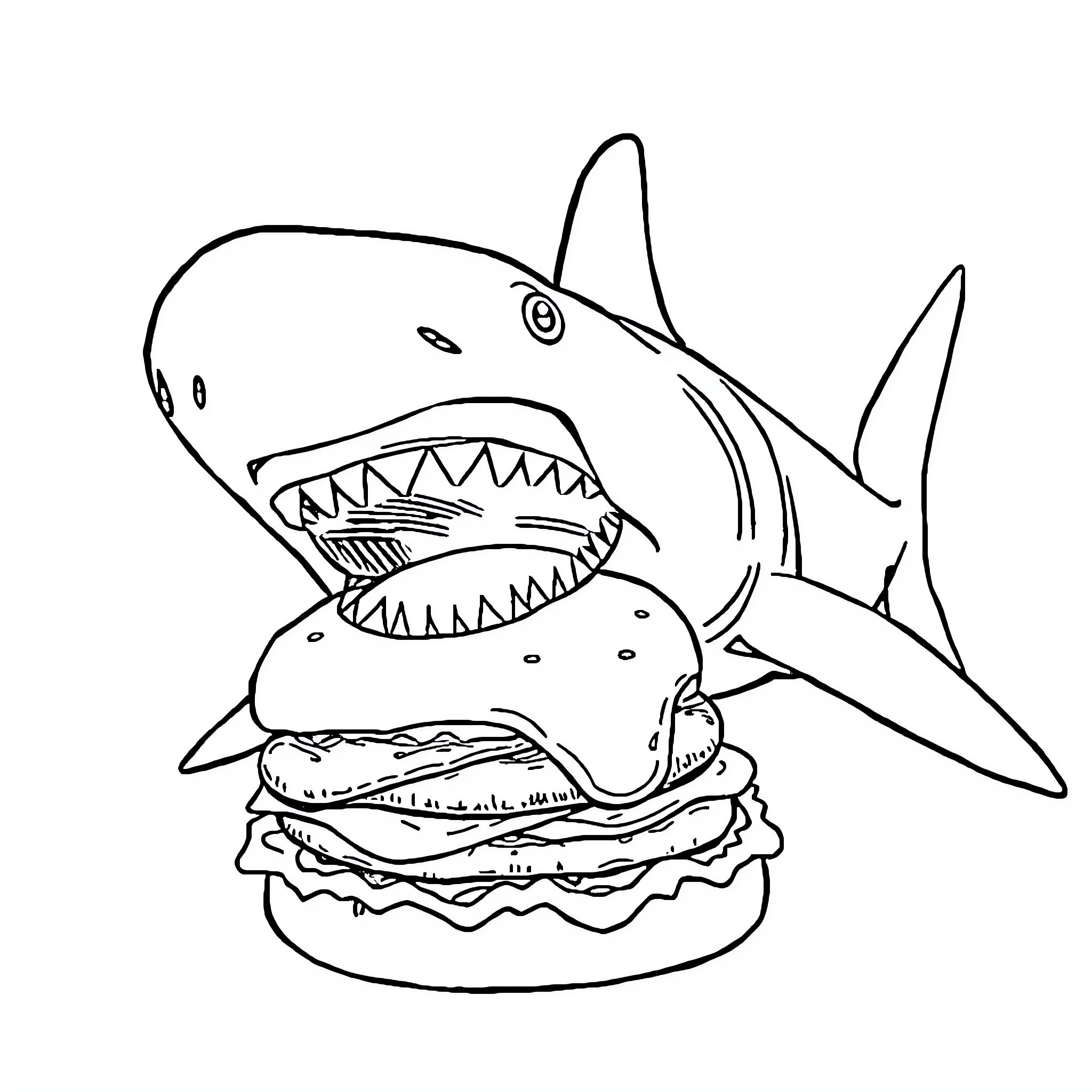 Hammerhead Shark Devouring a Hamburger Coloring Page (free black-and-white line drawing printable PDF for all, from beginners to advanced learners, including children, teens, adults, and seniors)