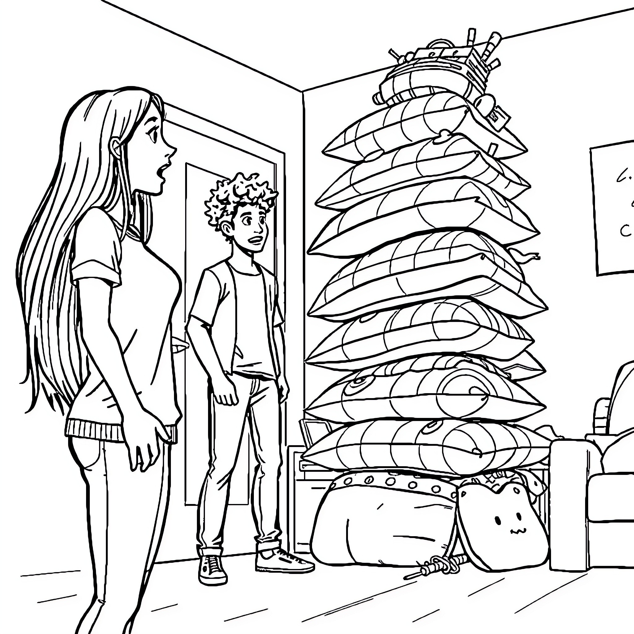 Woman talking with a friend in a room with a unique decor Coloring Page (free black-and-white line drawing printable PDF for all, from beginners to advanced learners, including children, teens, adults, and seniors)