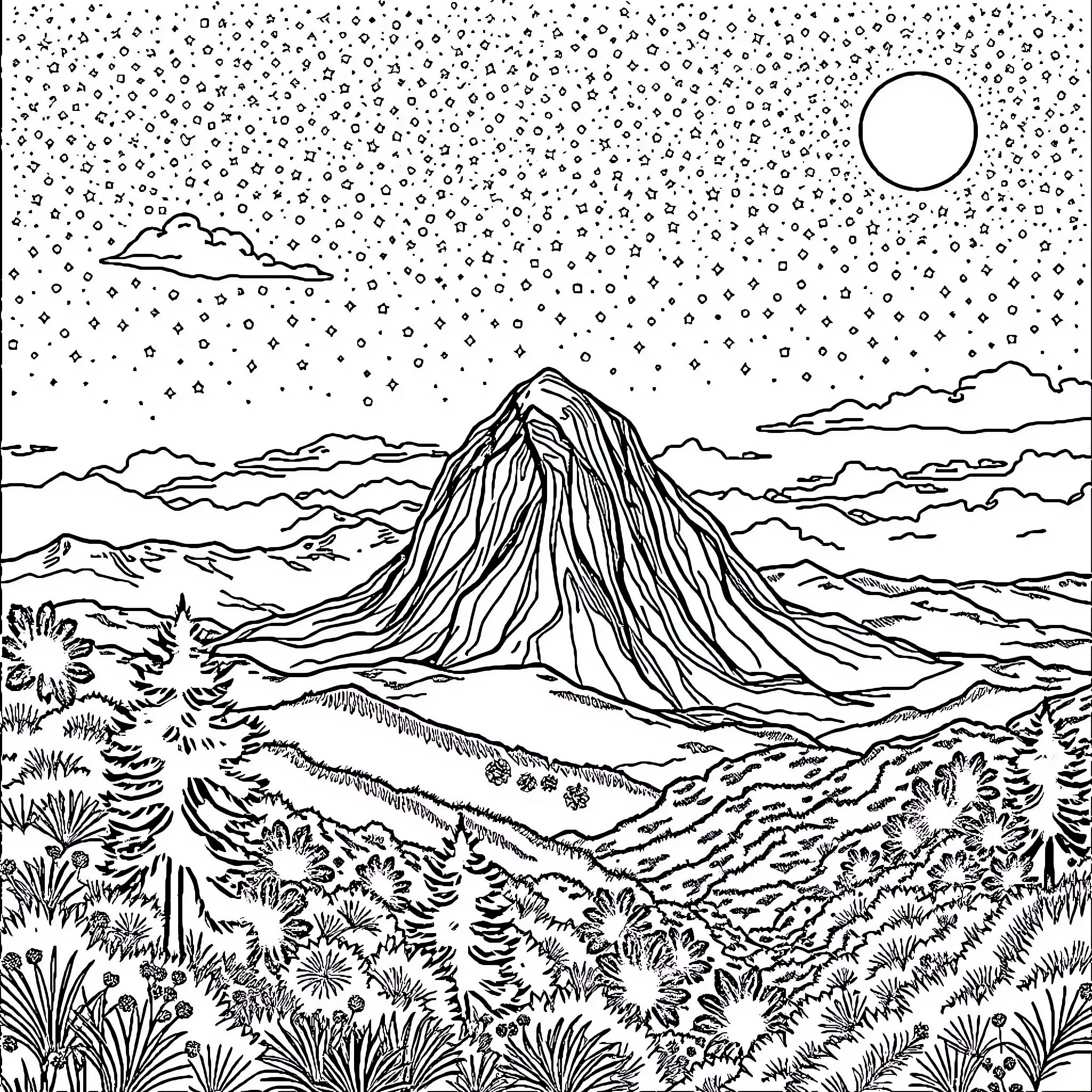 Landscape of a majestic mountain with a starry sky Coloring Page (free black-and-white line drawing printable PDF for all, from beginners to advanced learners, including children, teens, adults, and seniors)