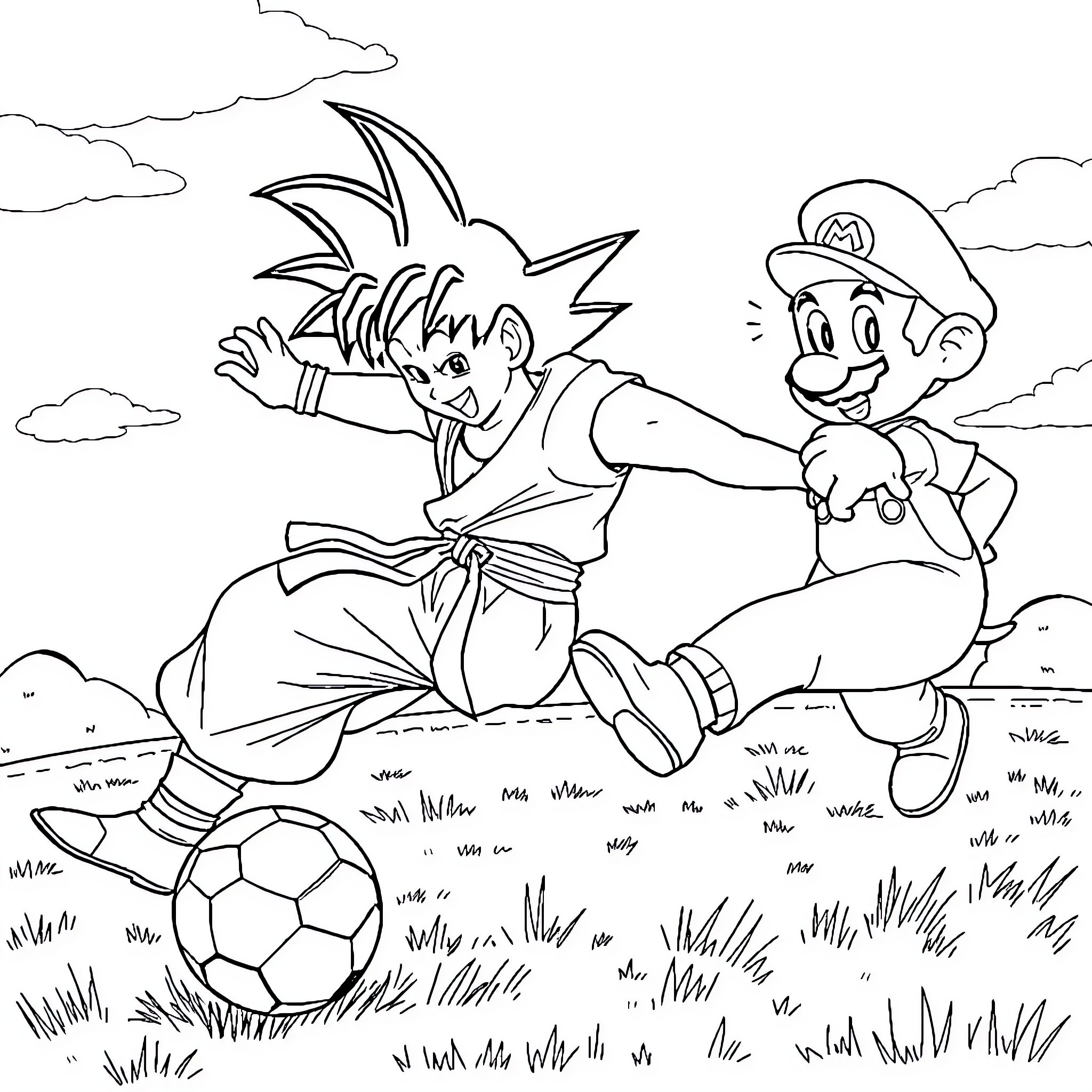 Goku and Mario playing soccer in a grassy field Coloring Page (free black-and-white line drawing printable PDF for all, from beginners to advanced learners, including children, teens, adults, and seniors)