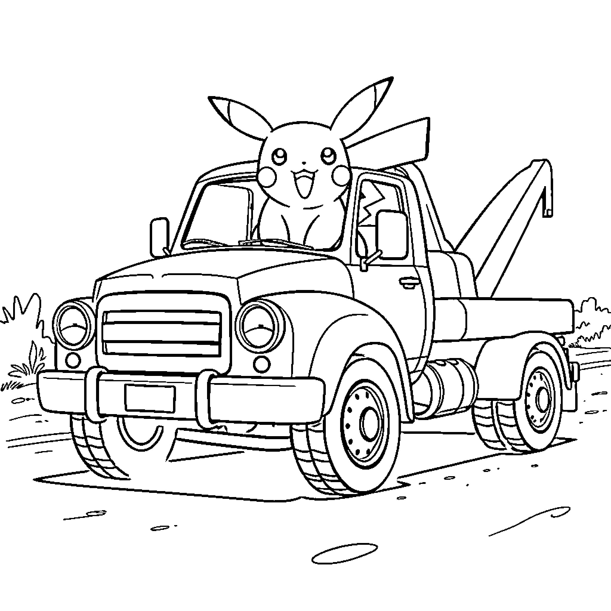 Tow Truck Carrying Cute Cartoon Character Coloring Page (free black-and-white line drawing printable PDF for all, from beginners to advanced learners, including children, teens, adults, and seniors)