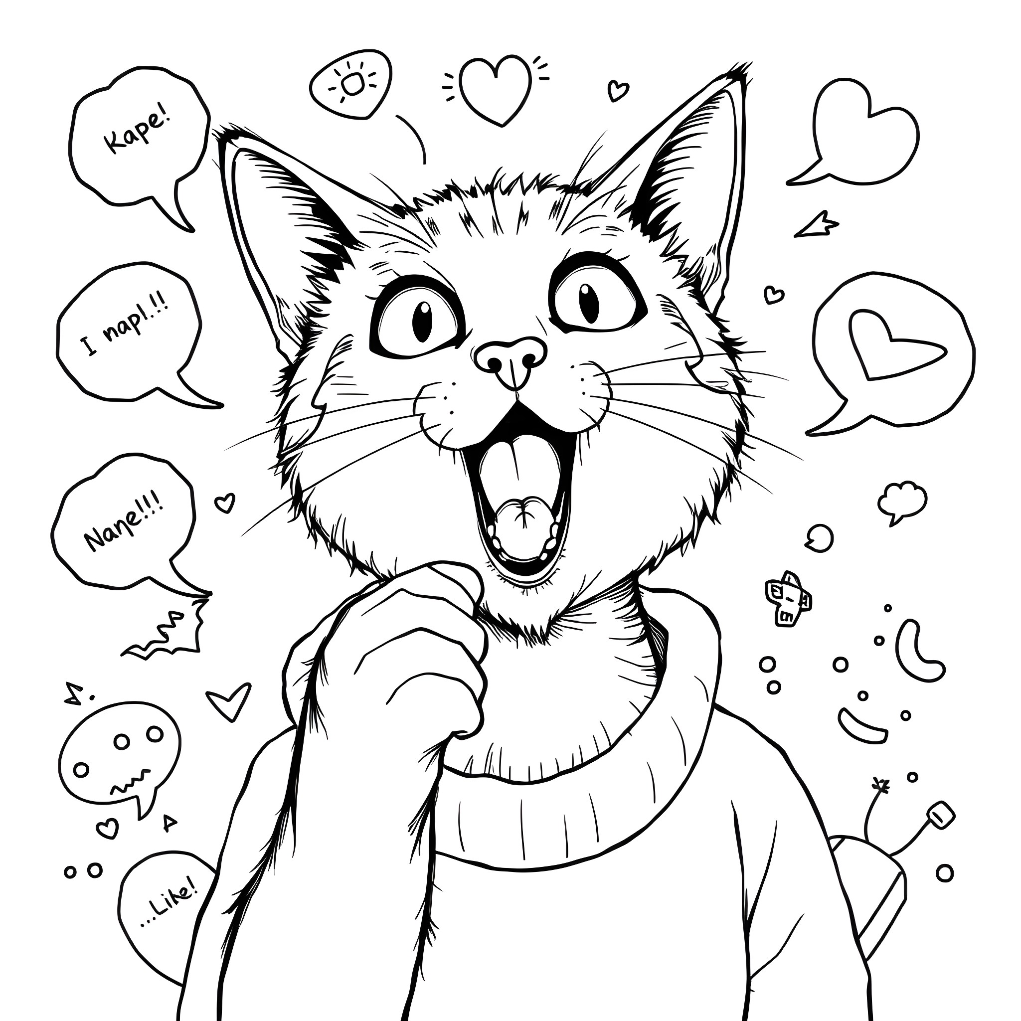 Cat expressing various emotions with speech bubbles Coloring Page (free black-and-white line drawing printable PDF for all, from beginners to advanced learners, including children, teens, adults, and seniors)