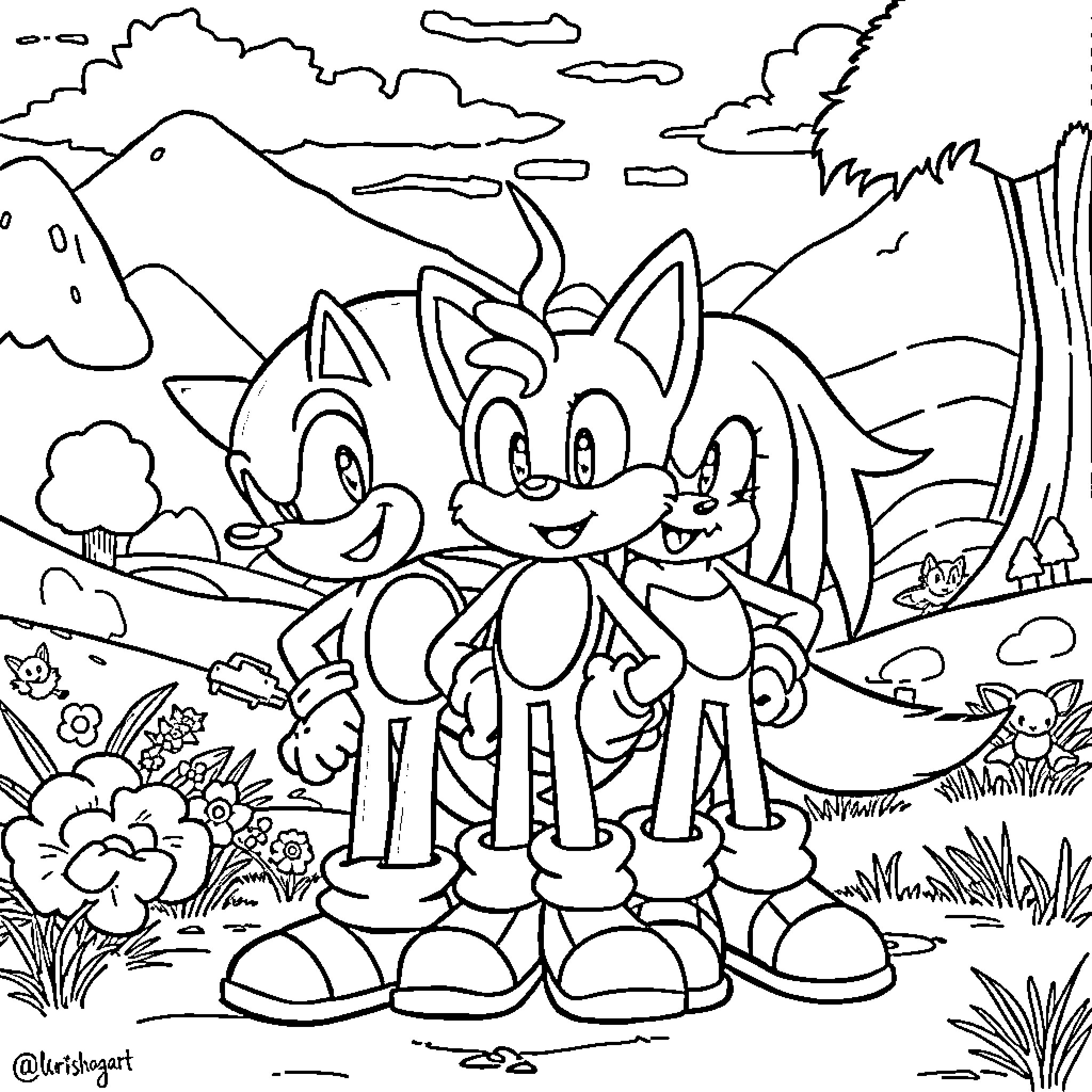 Sonic and Friends Exploring the Scenic Outdoors Coloring Page (free black-and-white line drawing printable PDF for all, from beginners to advanced learners, including children, teens, adults, and seniors)