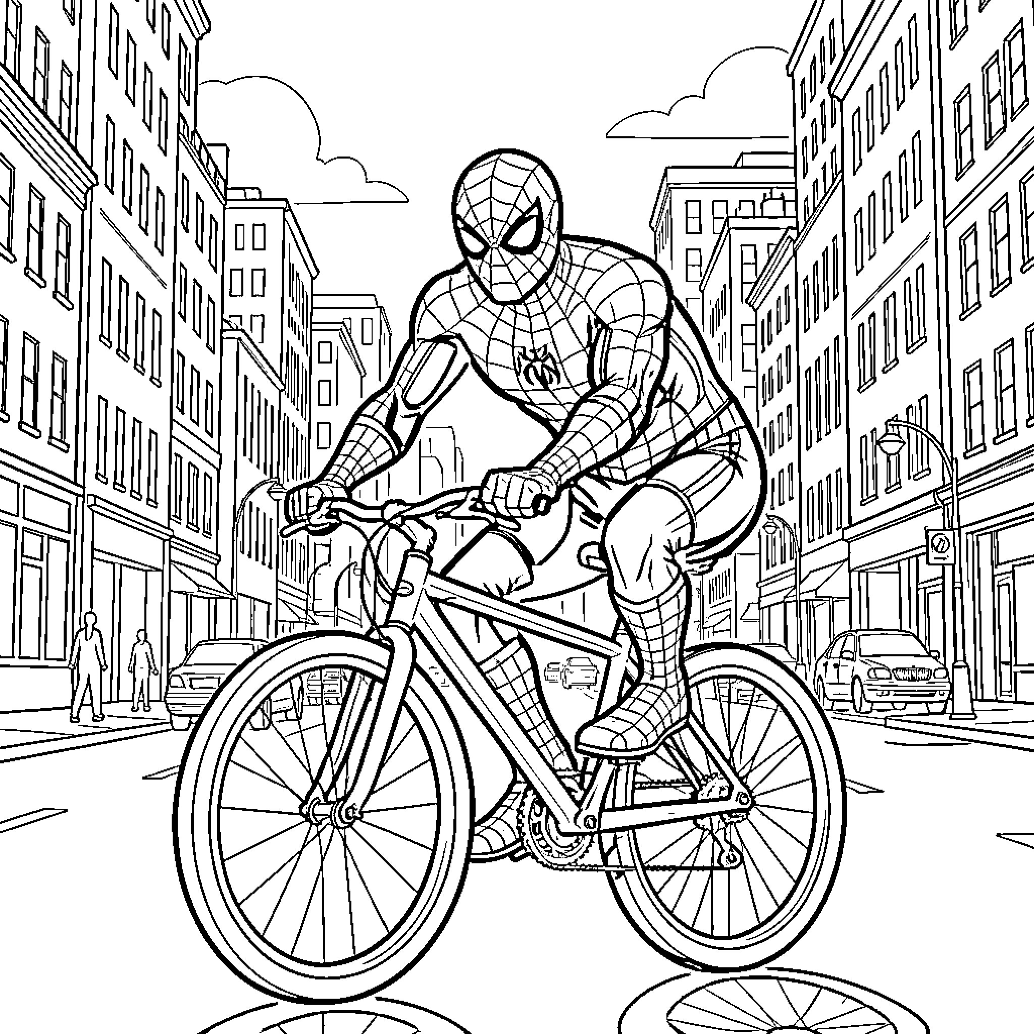 Spider-Man riding a bicycle through a city street Coloring Page (free black-and-white line drawing printable PDF for all, from beginners to advanced learners, including children, teens, adults, and seniors)