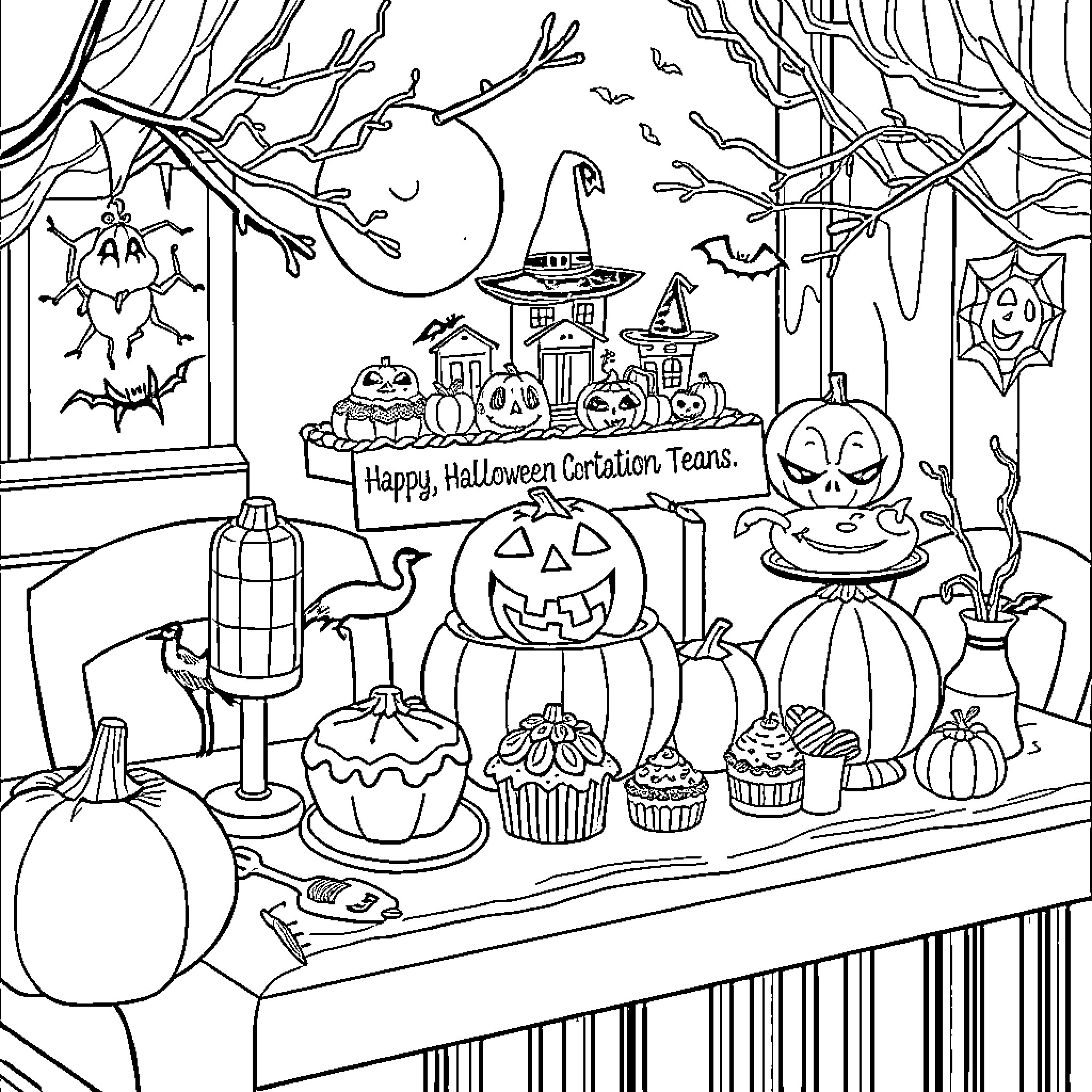 Martha Stewart's Spooky Halloween Celebration Scene Coloring Page (free black-and-white line drawing printable PDF for all, from beginners to advanced learners, including children, teens, adults, and seniors)