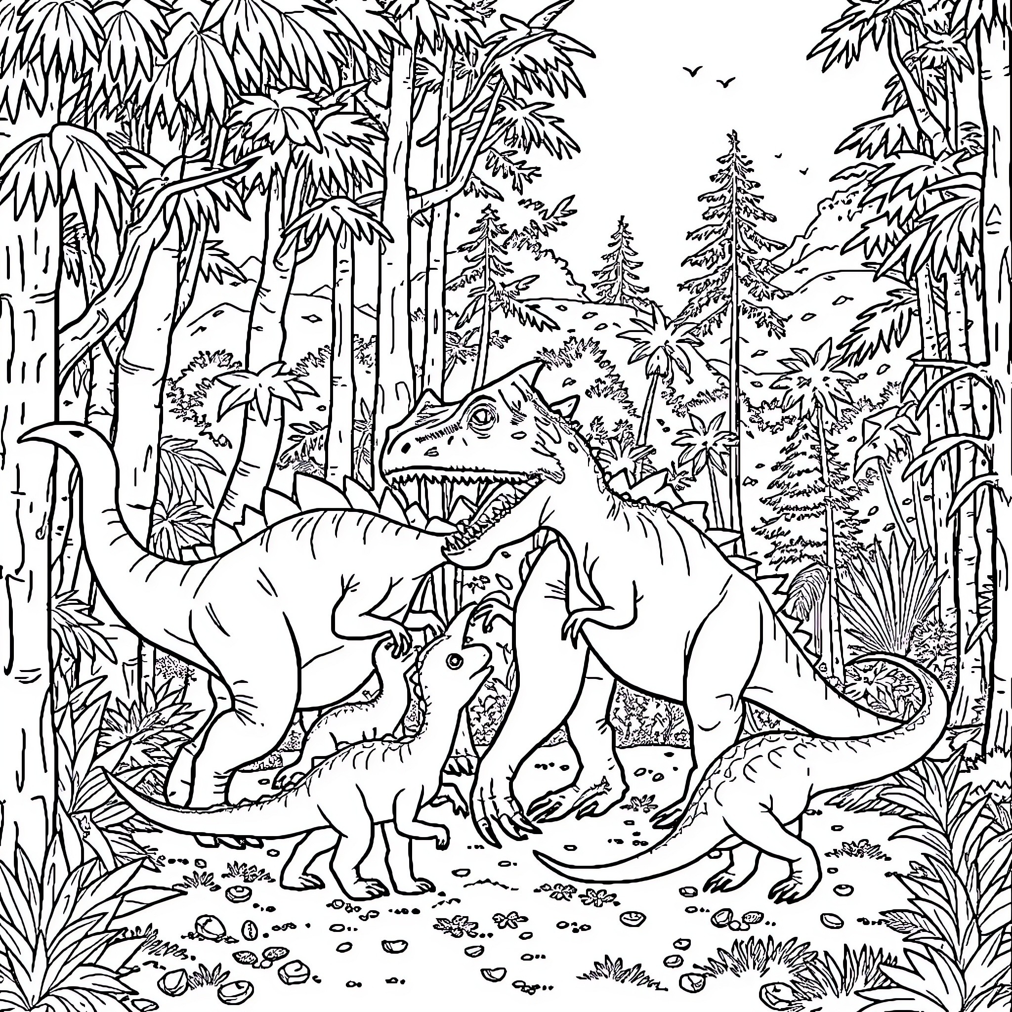 Dinosaurs exploring the prehistoric forest Coloring Page (free black-and-white line drawing printable PDF for all, from beginners to advanced learners, including children, teens, adults, and seniors)