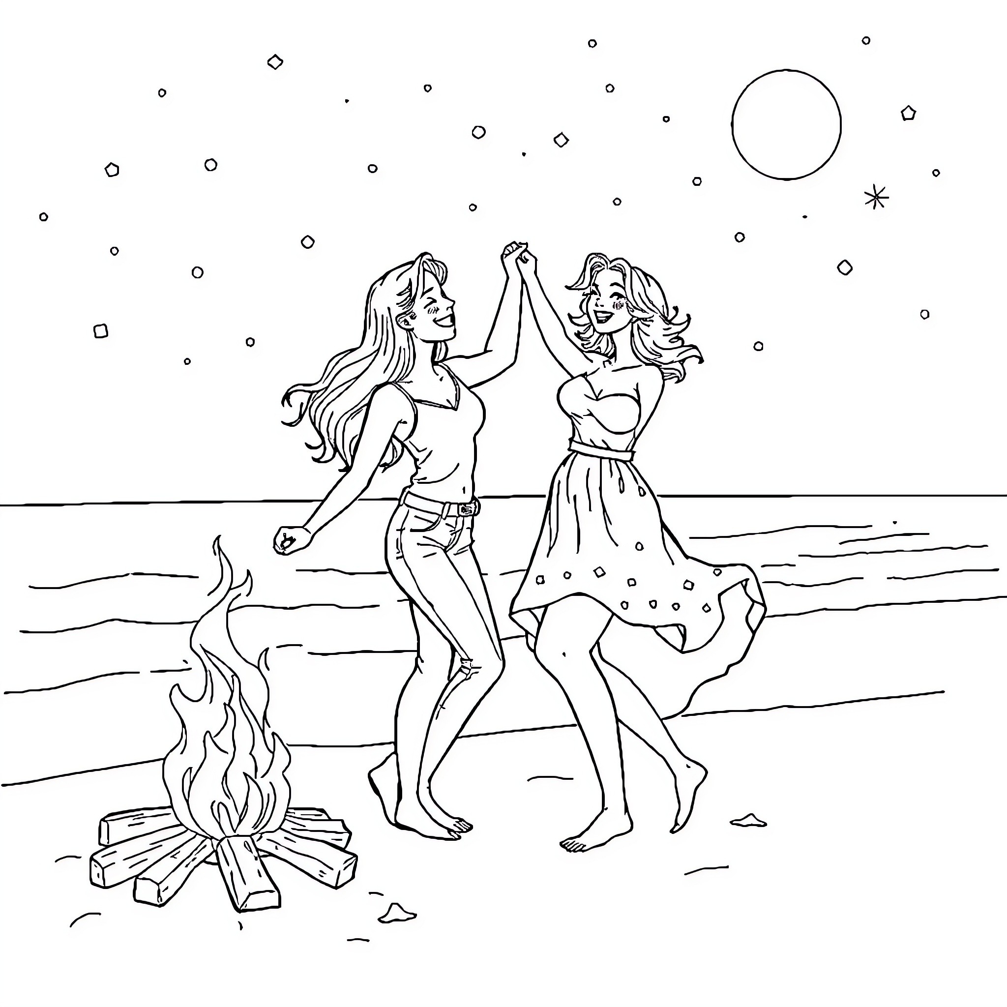 Friends dancing by the fire under the stars Coloring Page (free black-and-white line drawing printable PDF for all, from beginners to advanced learners, including children, teens, adults, and seniors)
