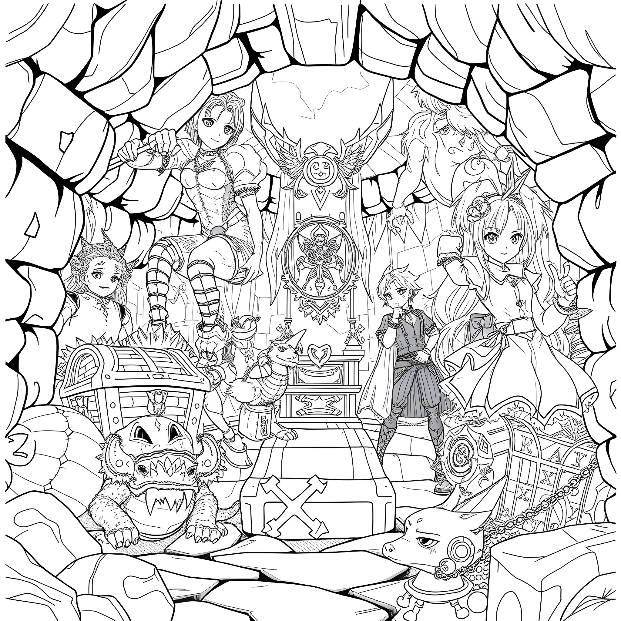 Anime Characters in Fantastical Adventure Scene Coloring Page (free black-and-white line drawing printable PDF for all, from beginners to advanced learners, including children, teens, adults, and seniors)