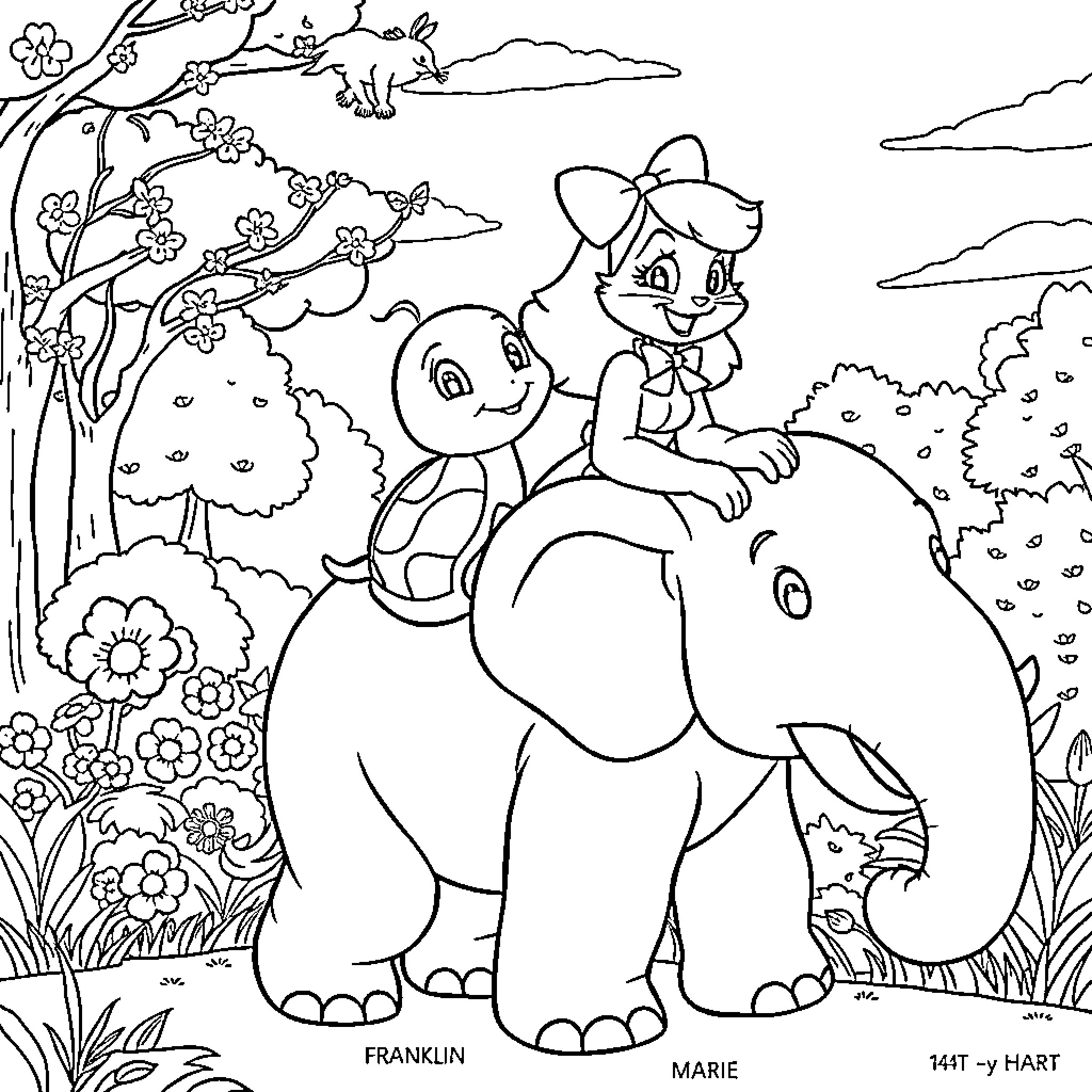 Elephant and its companion explore the forest Coloring Page (free black-and-white line drawing printable PDF for all, from beginners to advanced learners, including children, teens, adults, and seniors)
