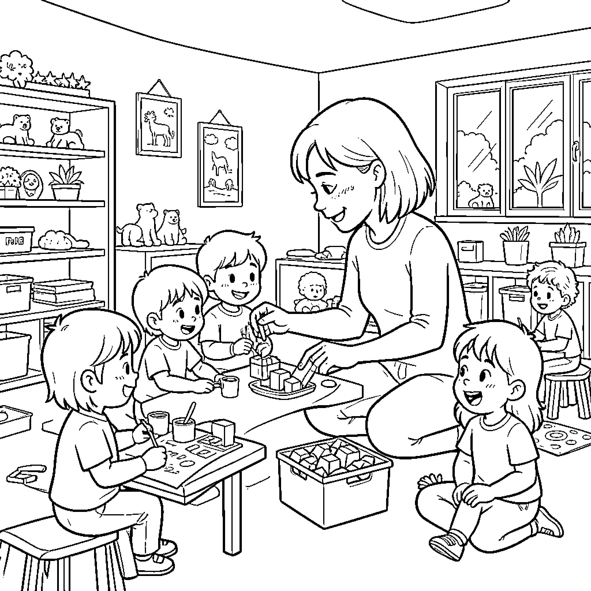 Educator playing educational games with young children Coloring Page (free black-and-white line drawing printable PDF for all, from beginners to advanced learners, including children, teens, adults, and seniors)