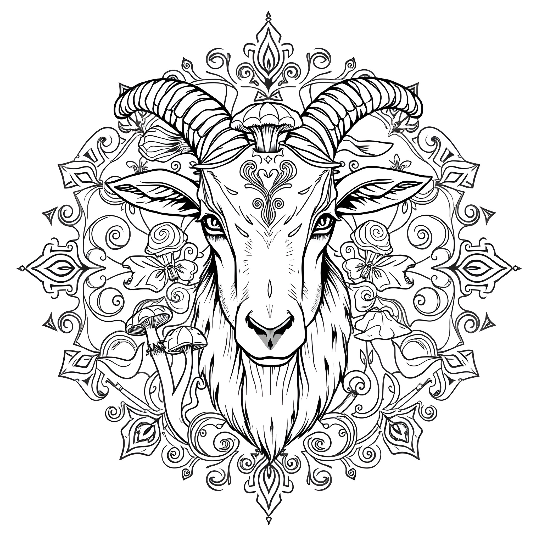 Goat with ornate floral mandala pattern Coloring Page (free black-and-white line drawing printable PDF for all, from beginners to advanced learners, including children, teens, adults, and seniors)