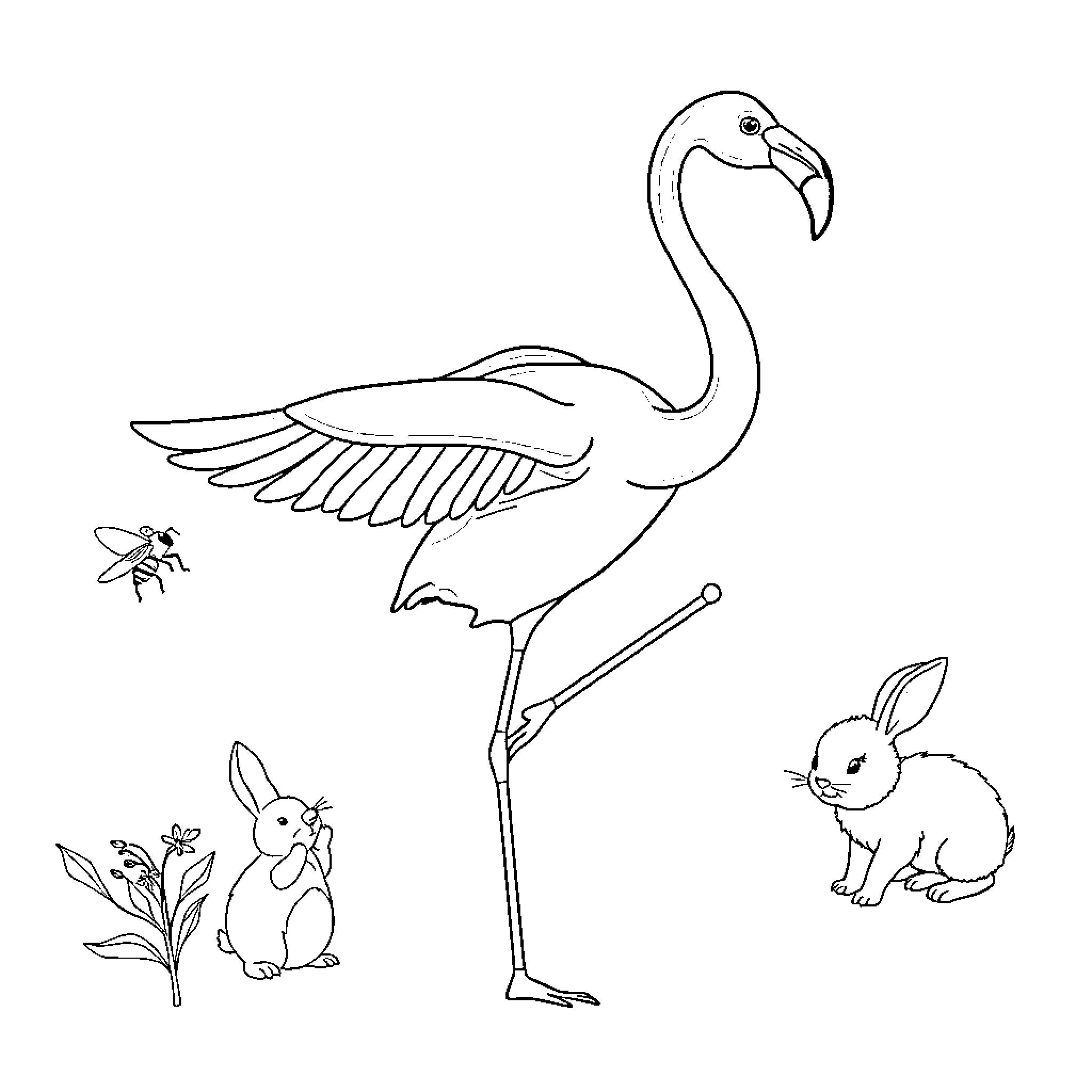 Flamingo and friends in nature scene Coloring Page (free black-and-white line drawing printable PDF for all, from beginners to advanced learners, including children, teens, adults, and seniors)