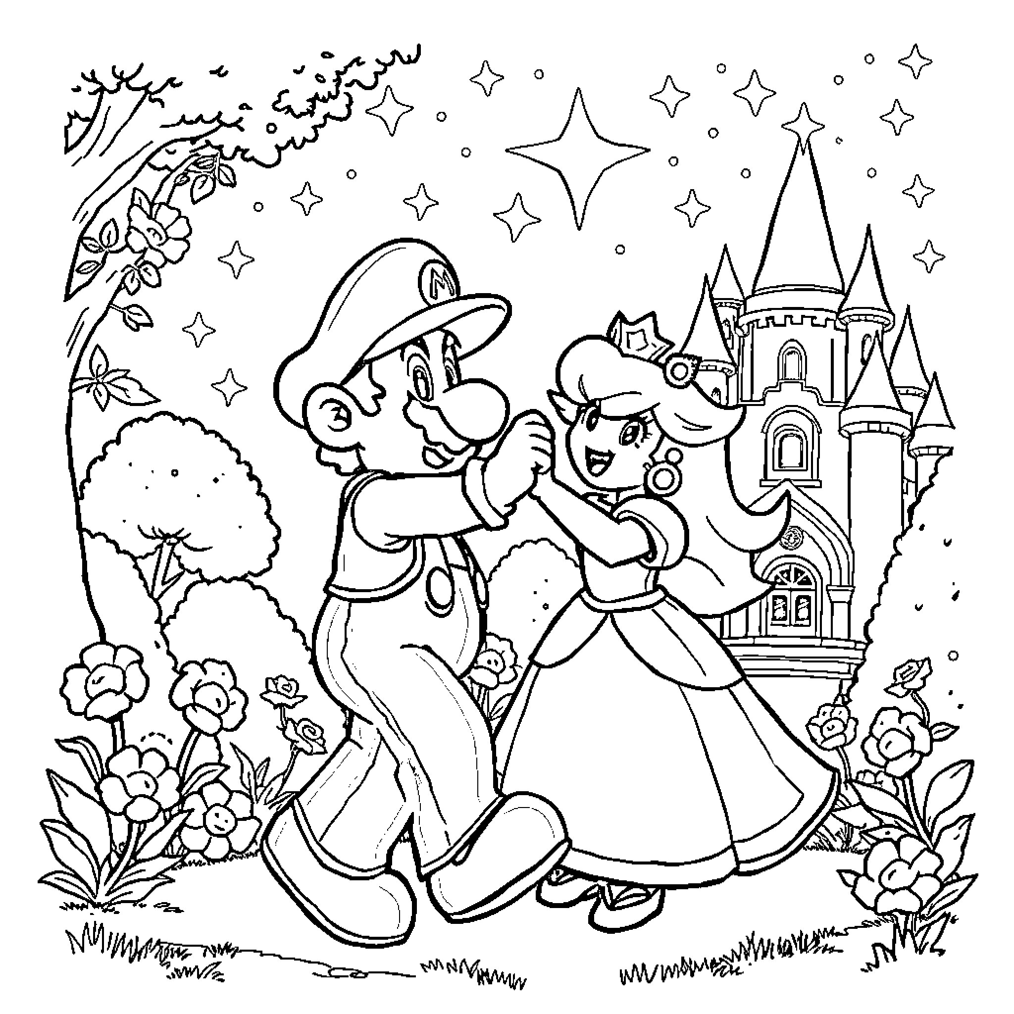 Mario and Princess Kissing Happily in Magical Castle Coloring Page (free black-and-white line drawing printable PDF for all, from beginners to advanced learners, including children, teens, adults, and seniors)
