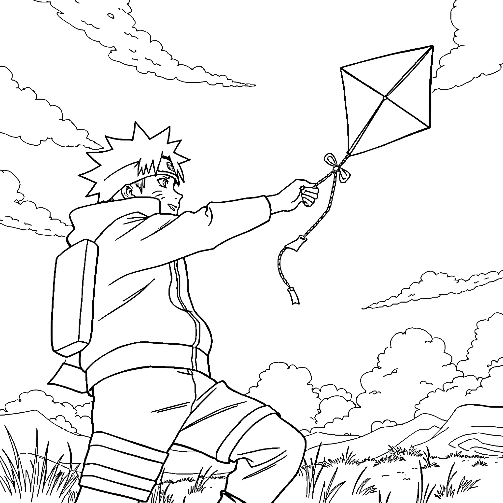 Naruto playing with his kite in the countryside Coloring Page (free black-and-white line drawing printable PDF for all, from beginners to advanced learners, including children, teens, adults, and seniors)