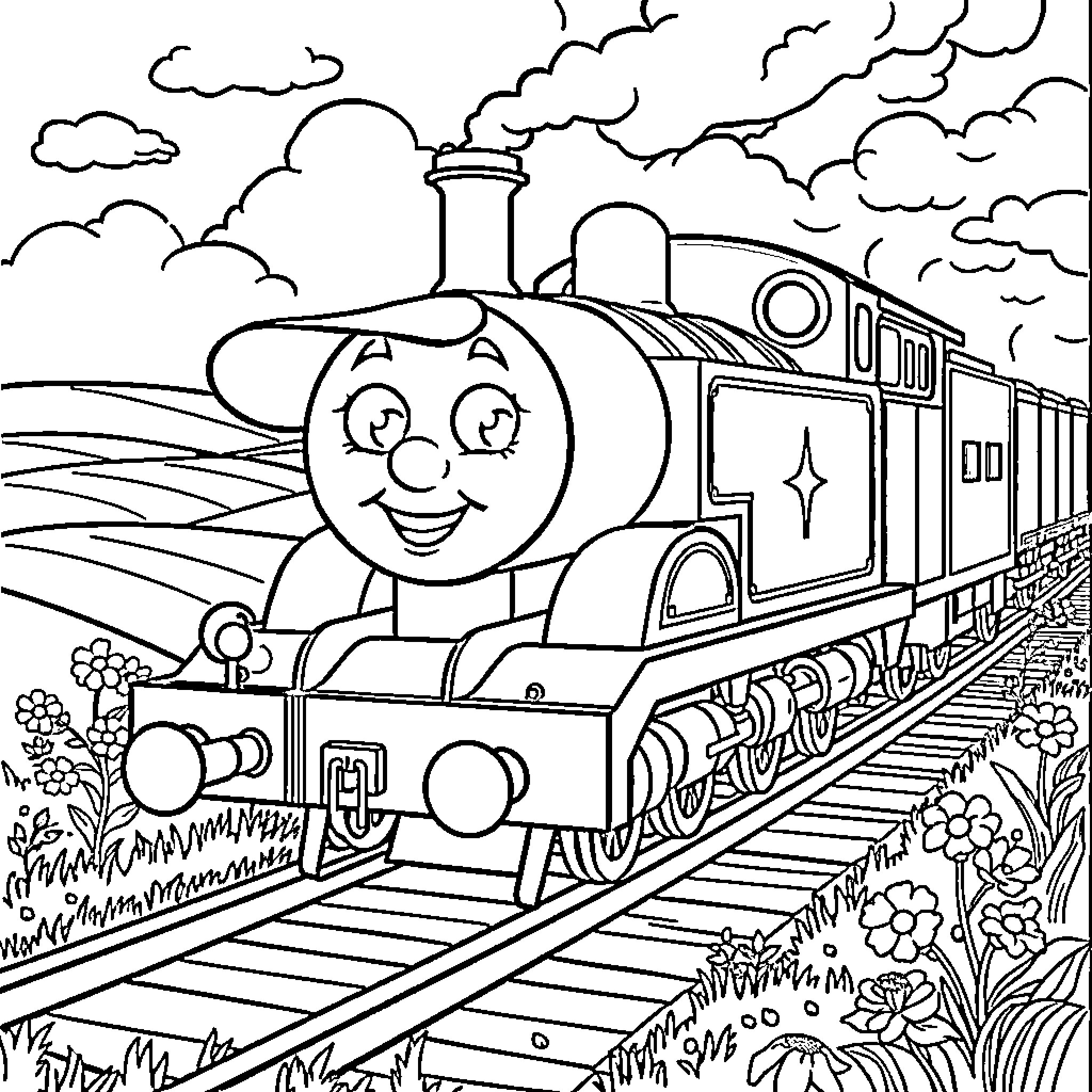 Thomas the Tank Engine's Happy Ride Coloring Page (free black-and-white line drawing printable PDF for all, from beginners to advanced learners, including children, teens, adults, and seniors)