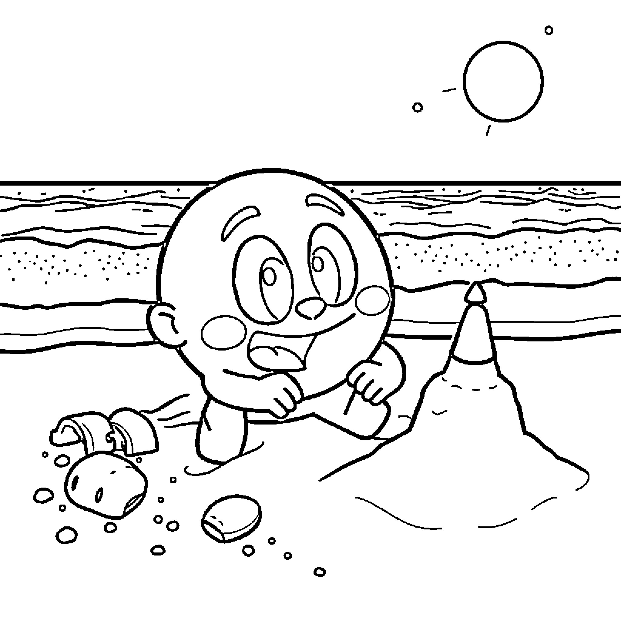 Gumball playing on the beach with sand toys Coloring Page (free black-and-white line drawing printable PDF for all, from beginners to advanced learners, including children, teens, adults, and seniors)