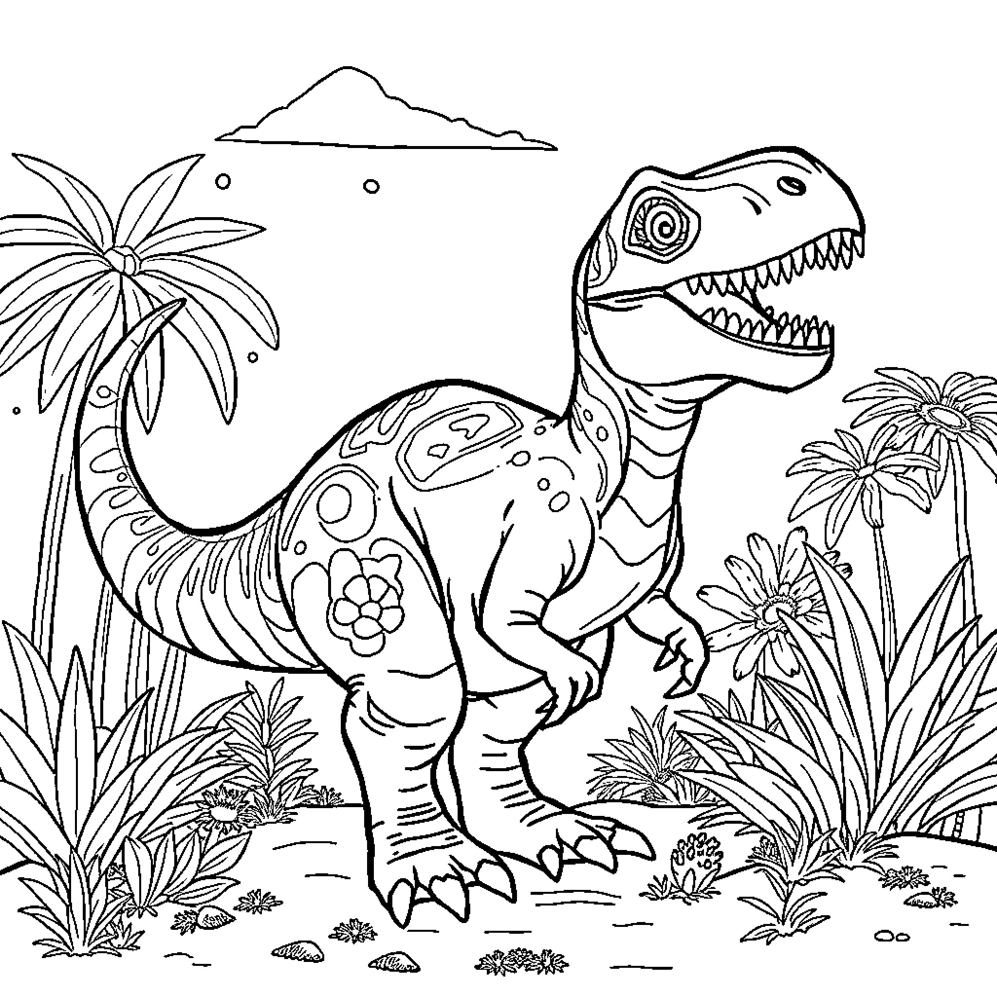 Dinosaur roaming in the jungle Coloring Page (free black-and-white line drawing printable PDF for all, from beginners to advanced learners, including children, teens, adults, and seniors)