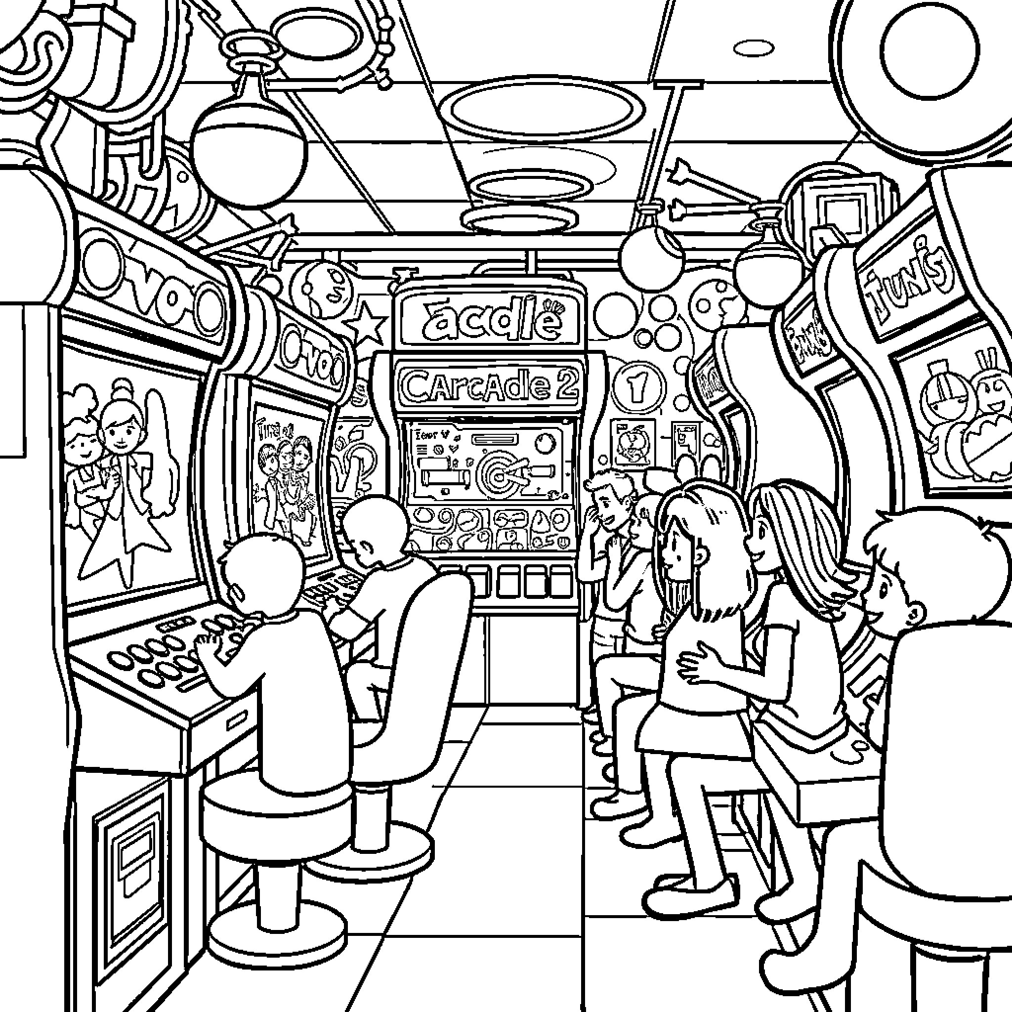 Arcade Scene with People Playing Games Coloring Page (free black-and-white line drawing printable PDF for all, from beginners to advanced learners, including children, teens, adults, and seniors)