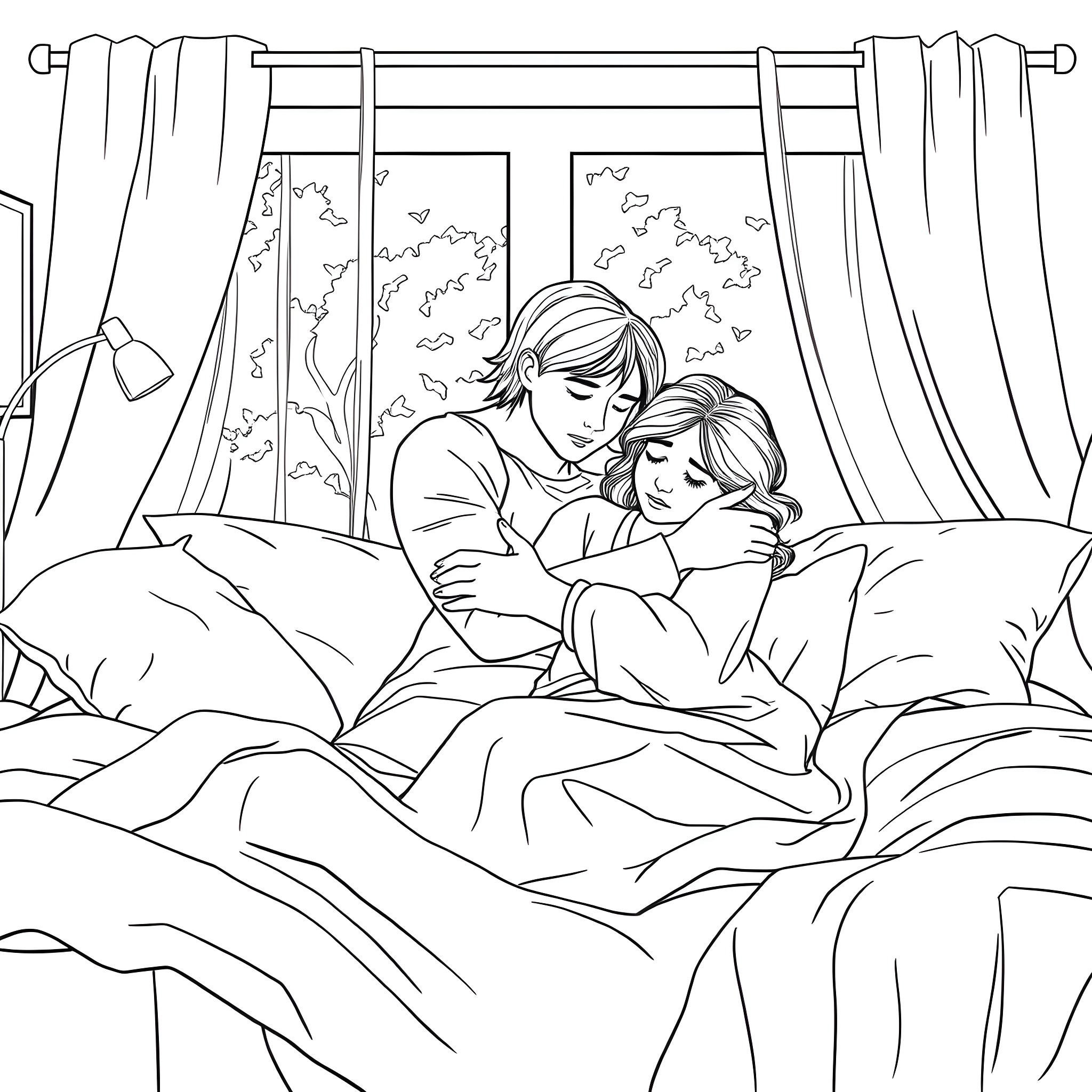 Man comforting woman on bed in cozy bedroom Coloring Page (free black-and-white line drawing printable PDF for all, from beginners to advanced learners, including children, teens, adults, and seniors)