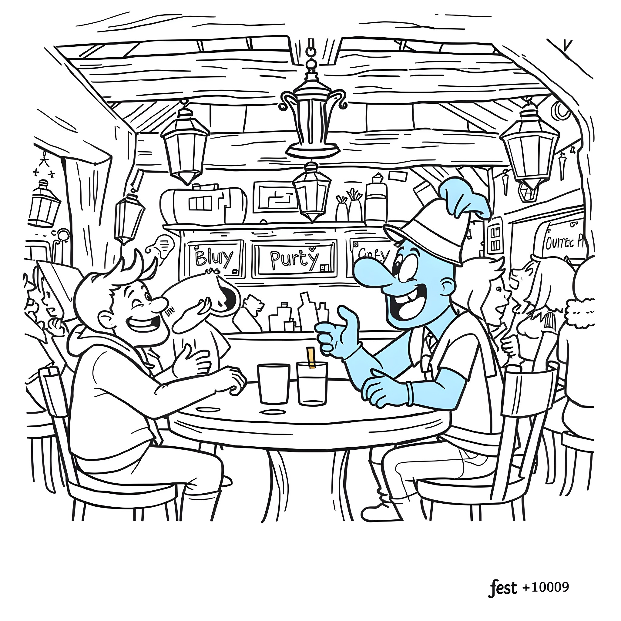 Bandit Duo Enjoying Drinks at the Cafe Coloring Page (free black-and-white line drawing printable PDF for all, from beginners to advanced learners, including children, teens, adults, and seniors)