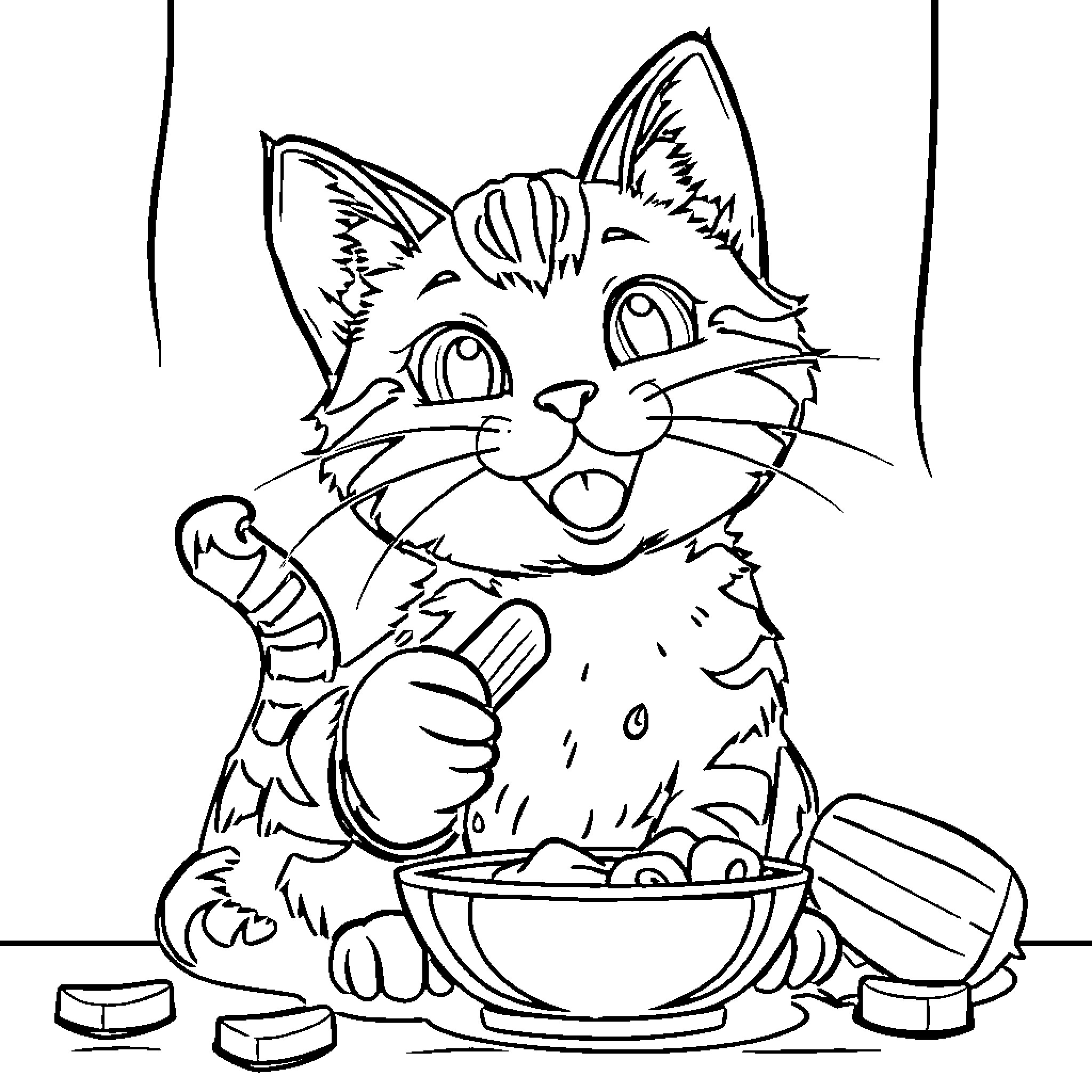 Cat happily eating food from bowl Coloring Page (free black-and-white line drawing printable PDF for all, from beginners to advanced learners, including children, teens, adults, and seniors)