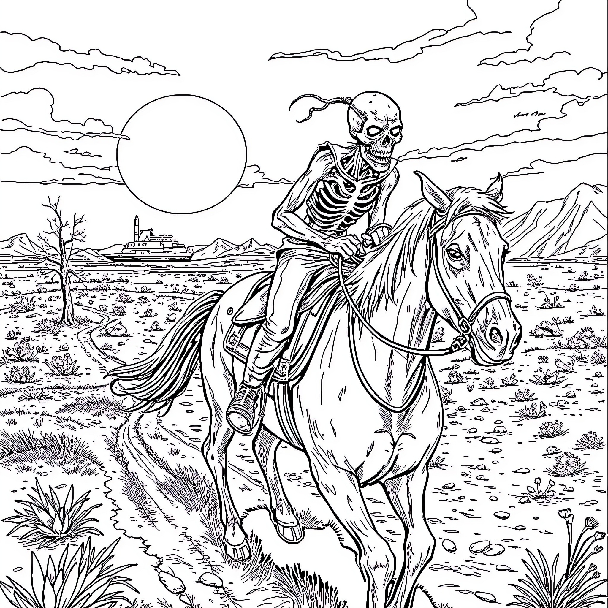 Ghoul Riding a Skeletal Horse Through the Desert Landscape Coloring Page (free black-and-white line drawing printable PDF for all, from beginners to advanced learners, including children, teens, adults, and seniors)