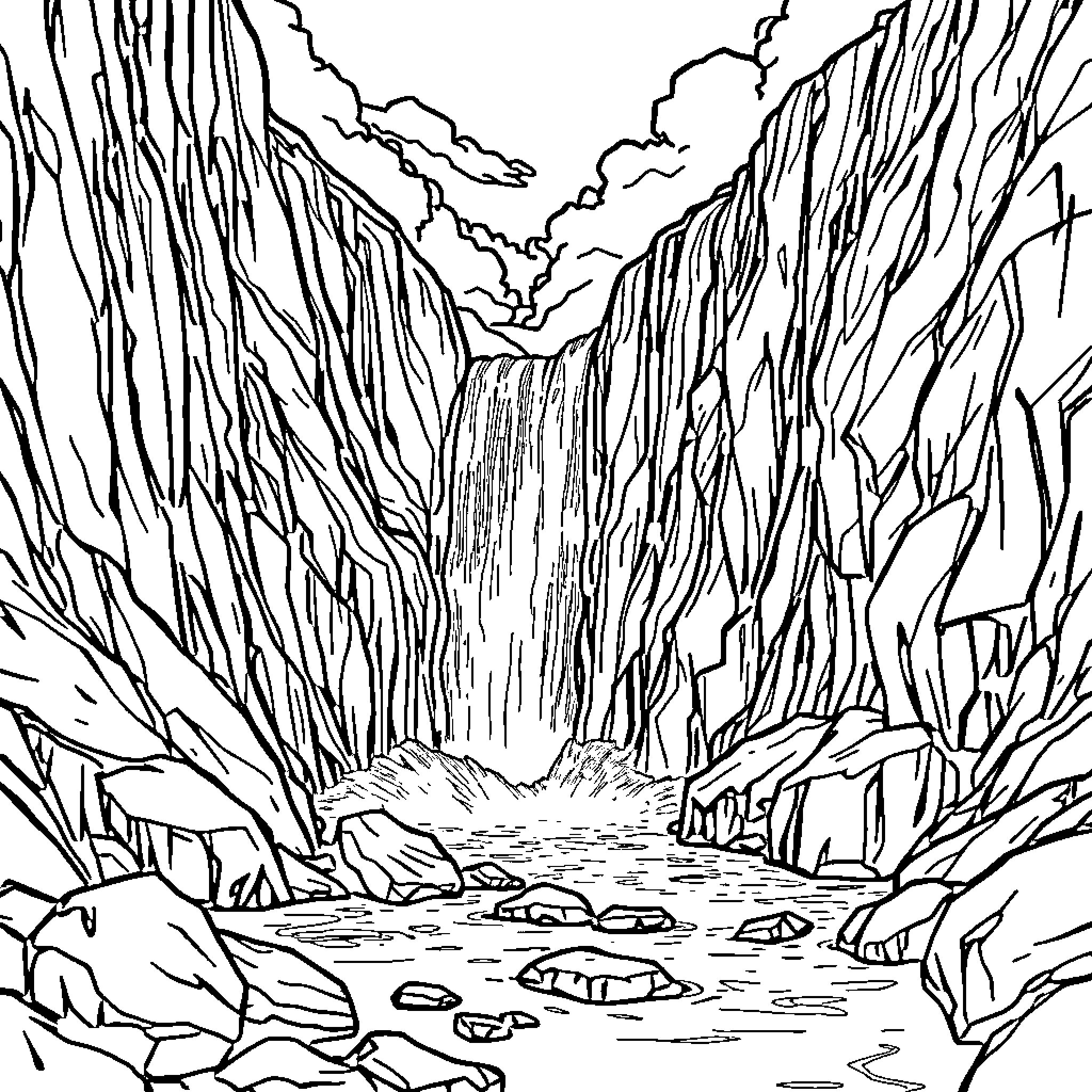 Water Reservoir Surrounded by Rugged Cliffs Coloring Page (free black-and-white line drawing printable PDF for all, from beginners to advanced learners, including children, teens, adults, and seniors)